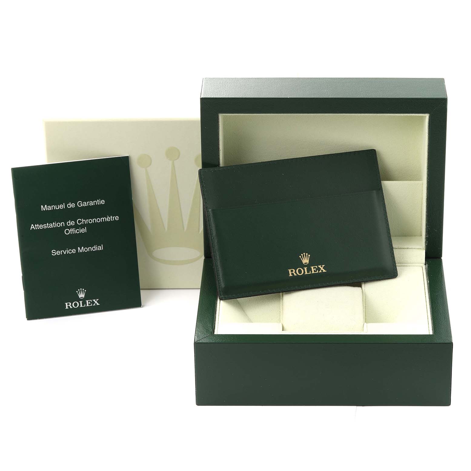 The image shows the packaging, manual, and warranty card holder for the Rolex GMT-Master 116710 Men's Stainless Steel Black Dial 116710 Men's Stainless Steel Black Dial model.