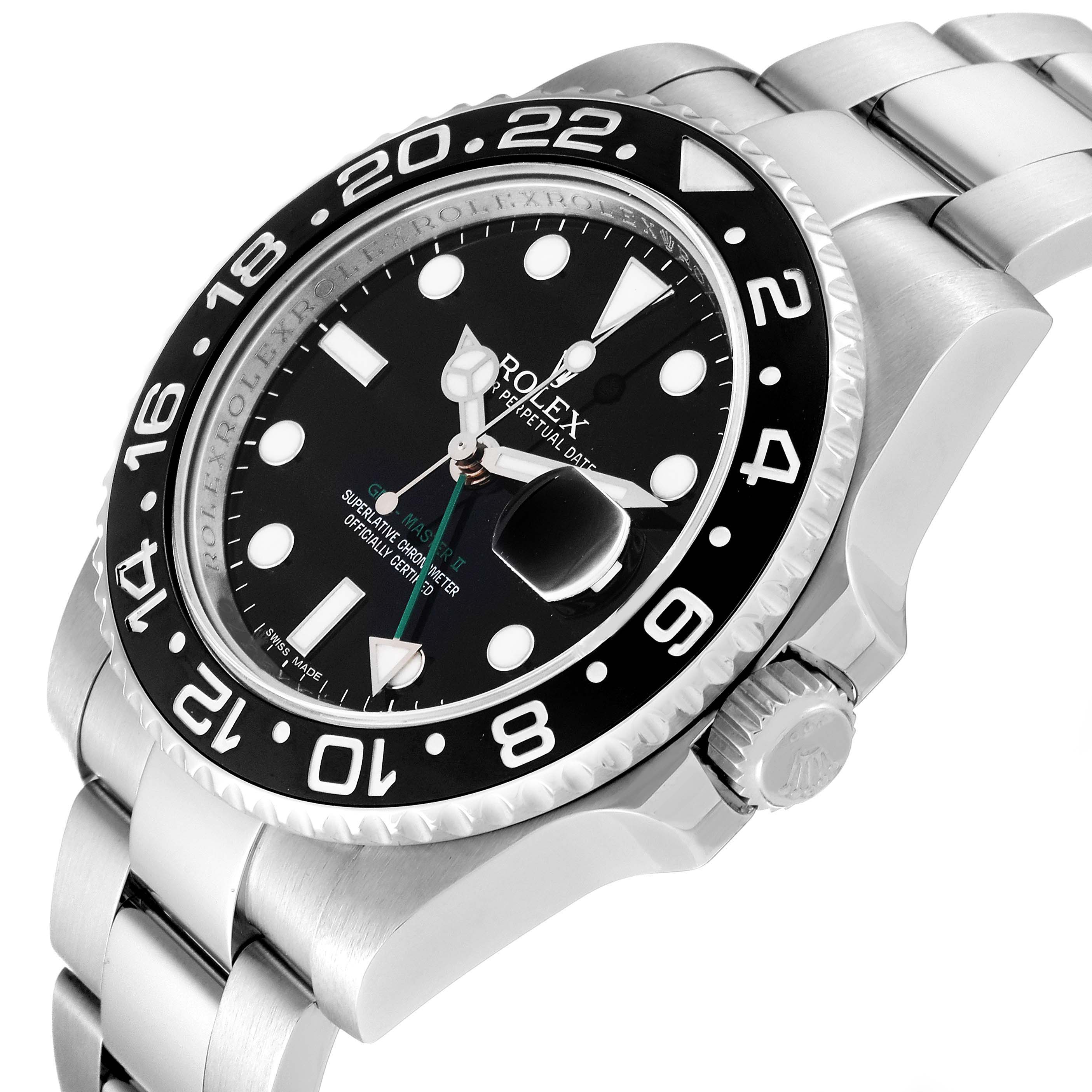 The image shows a Rolex GMT-Master 116710 Men's Stainless Steel Black Dial 116710 Men's Stainless Steel Black Dial watch at an angled close-up, highlighting the bezel, dial, crown, and bracelet.