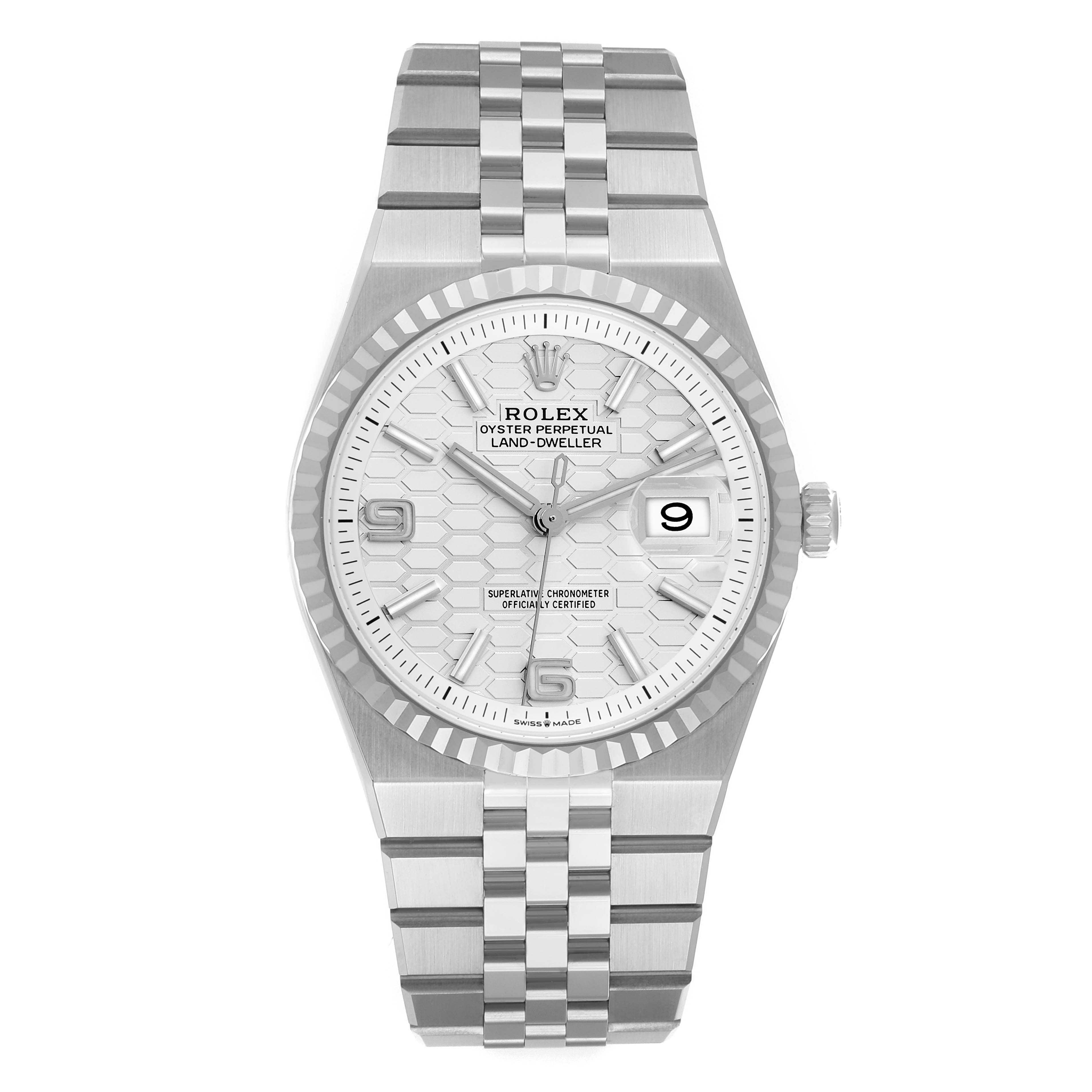 The Rolex Land‑Dweller 127234 Men
s Stainless Steel Silver Dial watch is shown from the front, displaying its face, bezel, crown, and part of the bracelet.