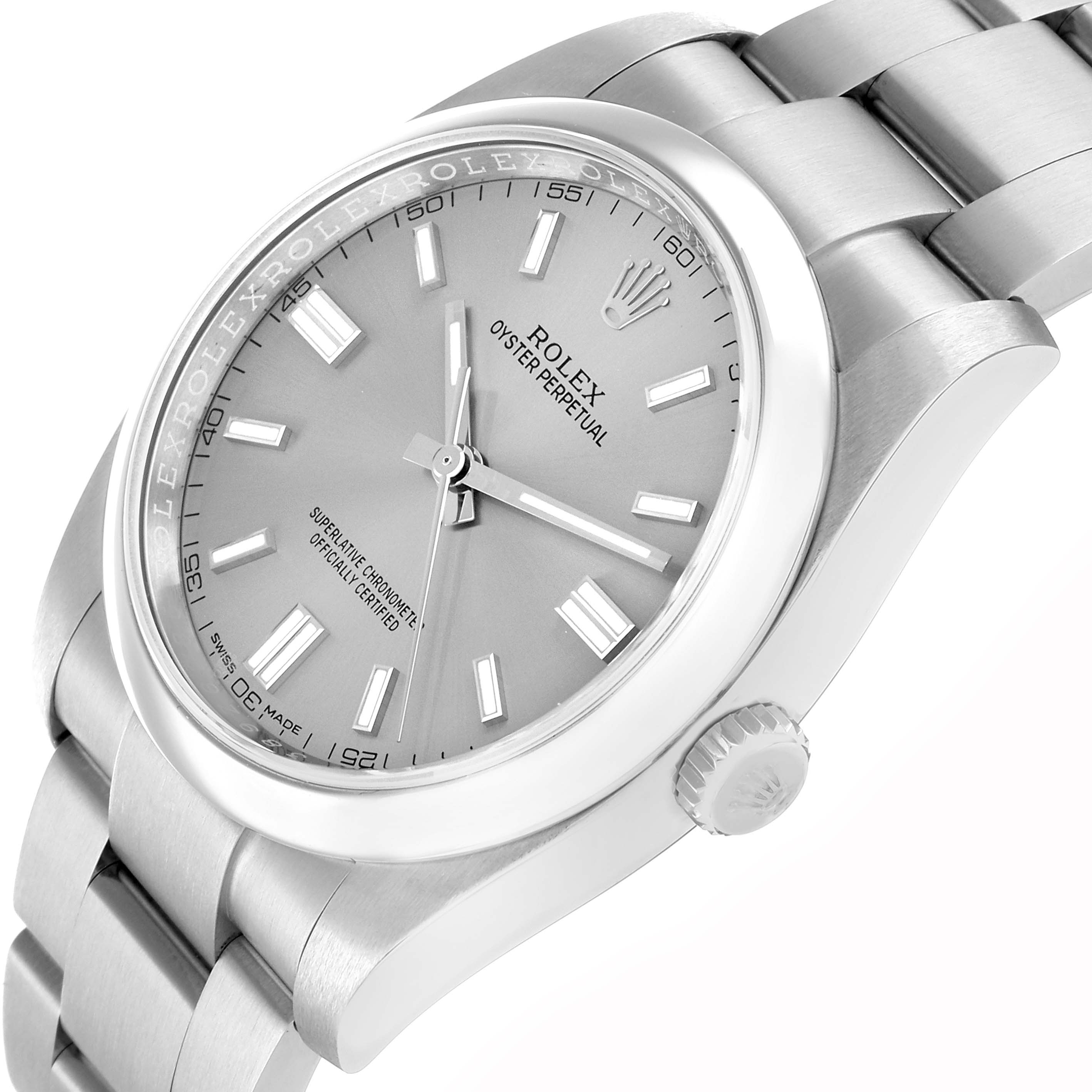 The Rolex Oyster Perpetual 116000 Men's Stainless Steel Silver Dial watch is shown at a slight angle, highlighting the face, bezel, crown, and part of the bracelet.