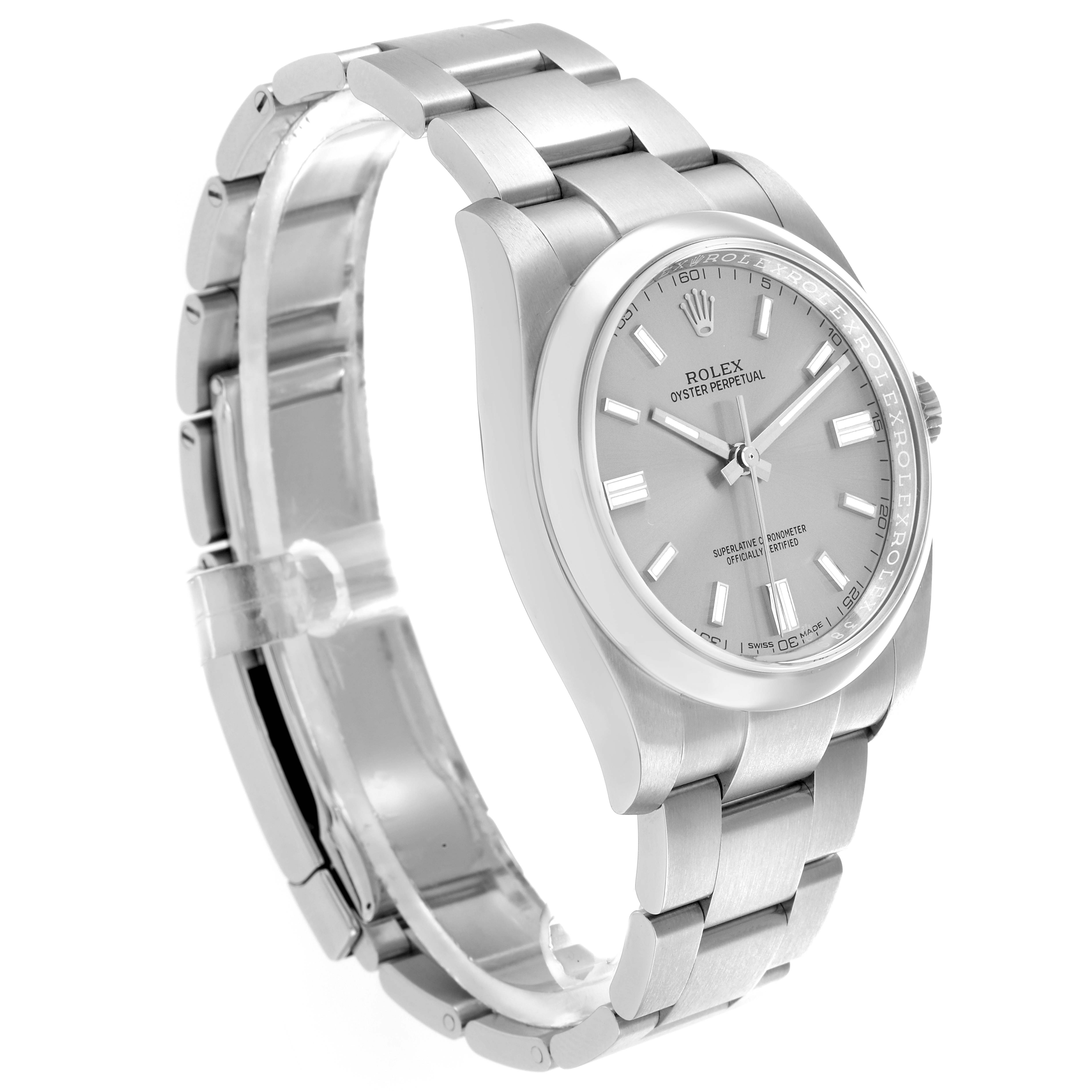 The Rolex Oyster Perpetual 116000 Men's Stainless Steel Silver Dial watch is shown at a slight angle, highlighting the dial, bezel, and bracelet.