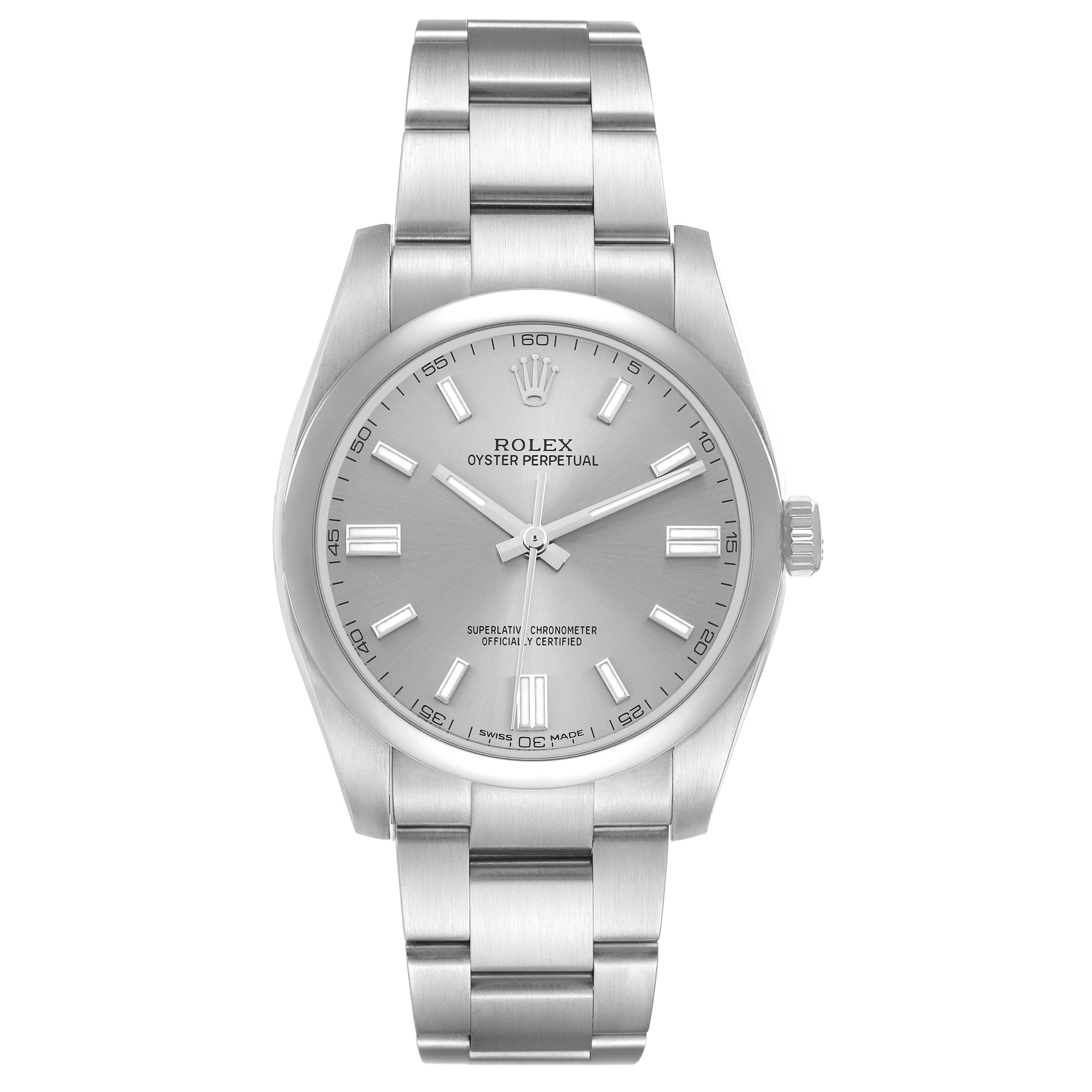 The Rolex Oyster Perpetual 116000 Men's Stainless Steel Silver Dial watch is shown from a front angle, displaying the full dial, bezel, and bracelet.