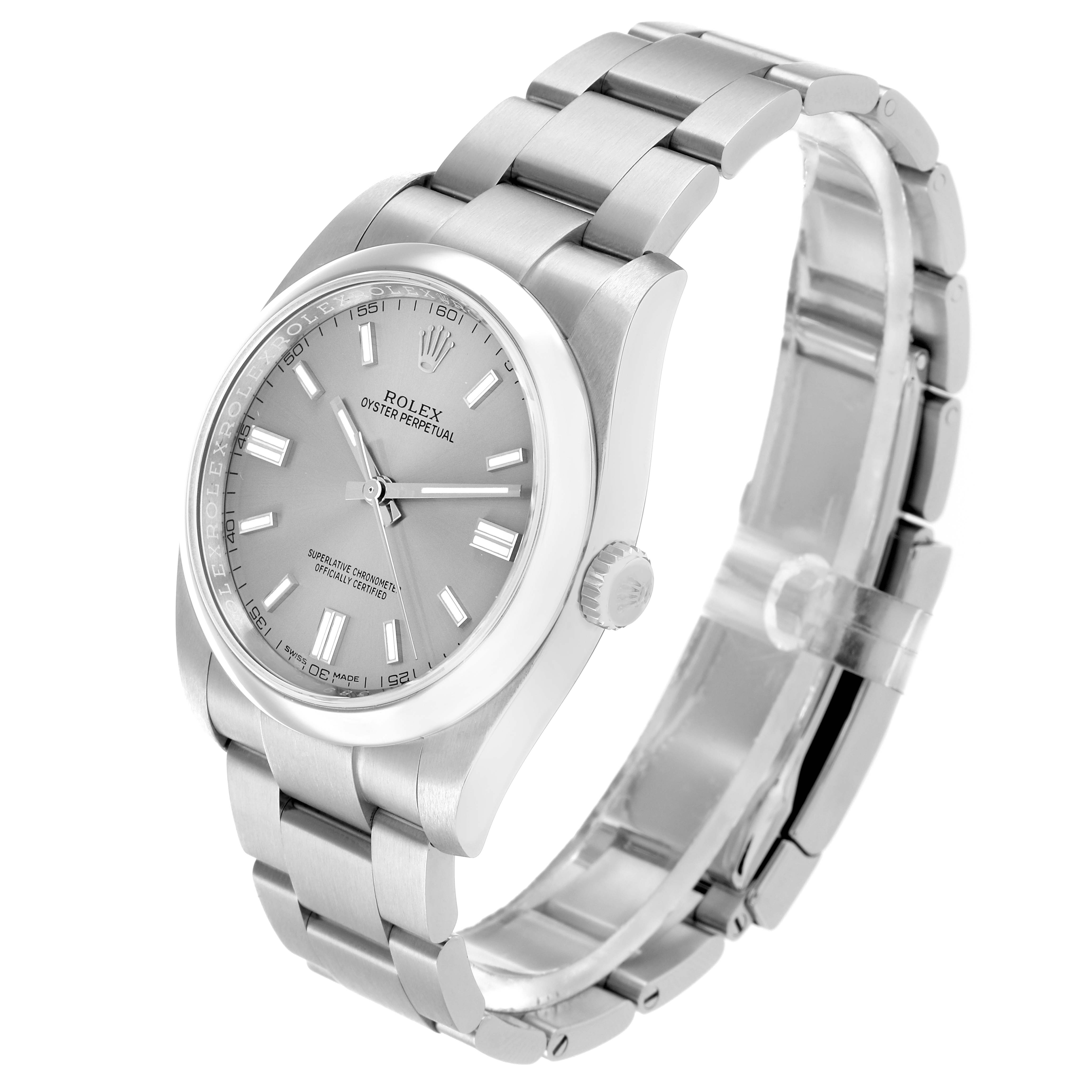The Rolex Oyster Perpetual 116000 Men's Stainless Steel Silver Dial watch is shown at a three-quarter angle, displaying the face, case, bracelet, and crown.