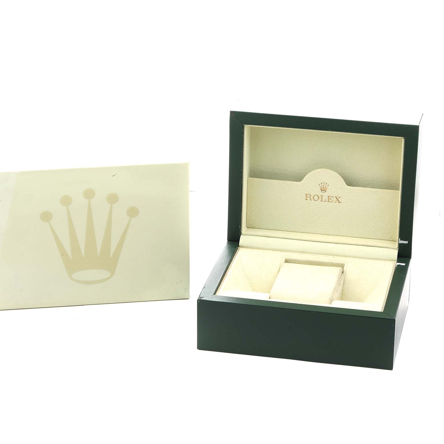 The Rolex Oyster Perpetual 116000 Men's Stainless Steel Silver Dial watch box and card are shown at an angle, displaying both the open box and the branded card.