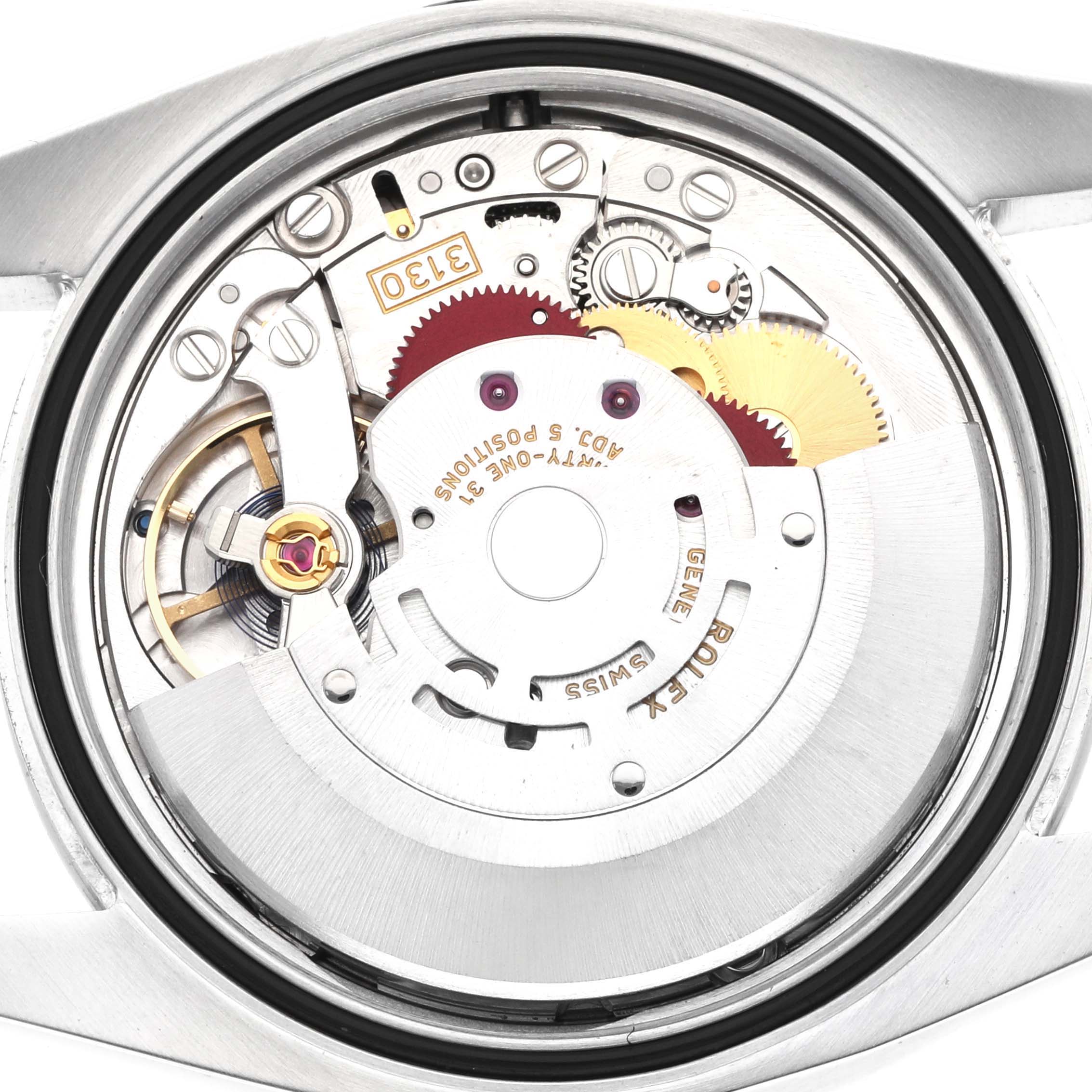 The image shows the movement and inner mechanism of a Rolex Oyster Perpetual 116000 Men's Stainless Steel Silver Dial model viewed from the back.