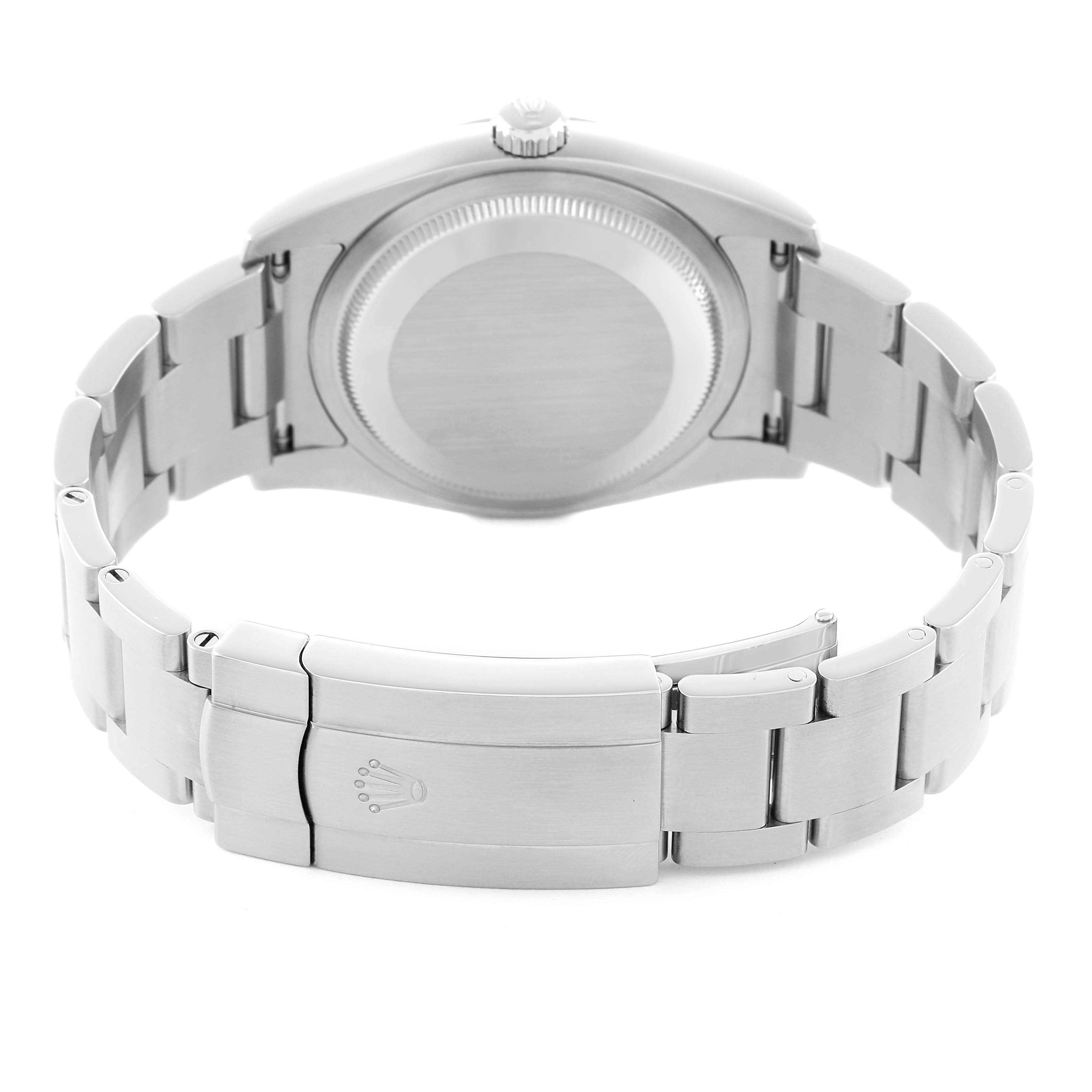 The image shows the back view of the Rolex Oyster Perpetual 116000 Men's Stainless Steel Silver Dial, including the case back and clasp.