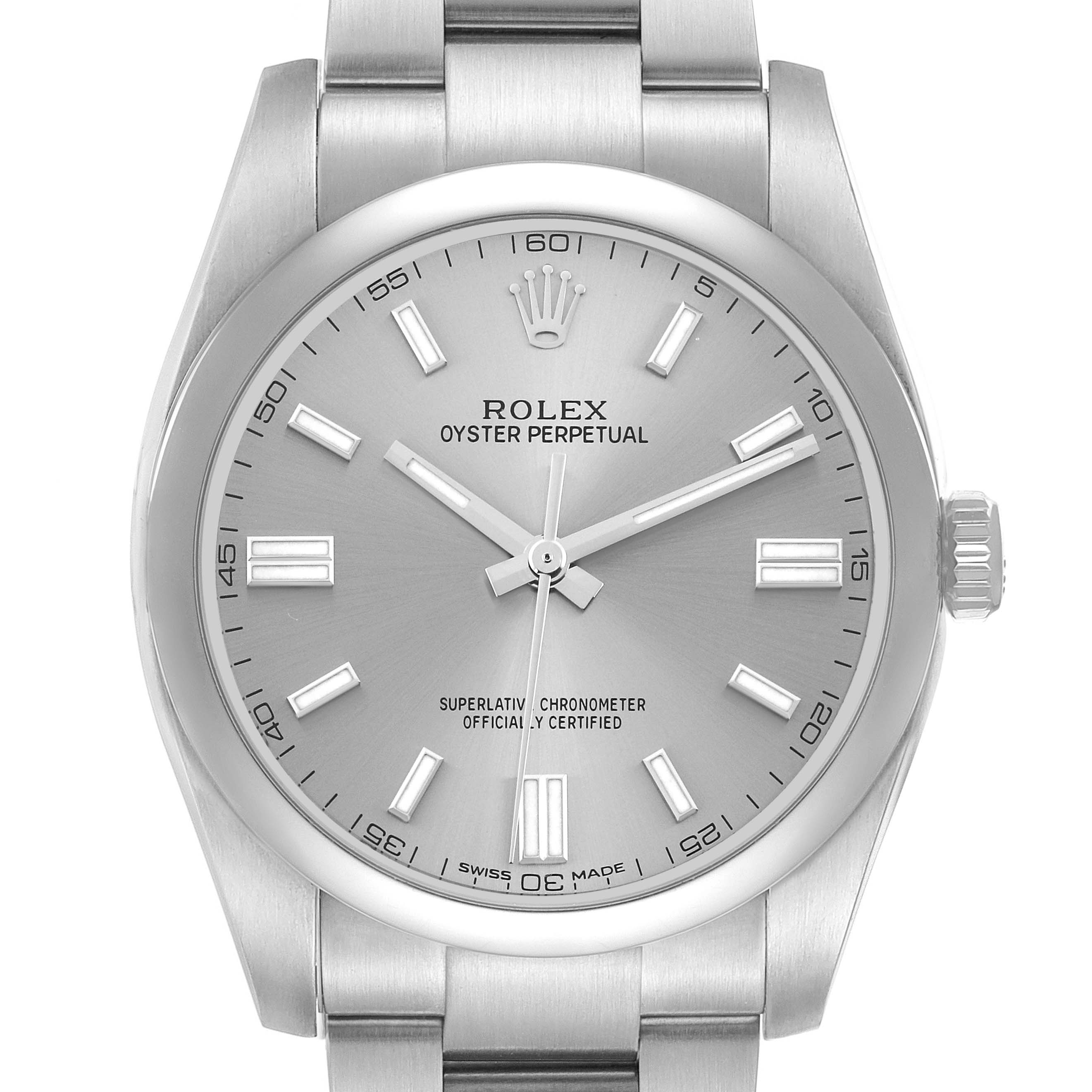 The image shows a frontal view of the Rolex Oyster Perpetual 116000 Men's Stainless Steel Silver Dial, displaying the dial, markers, crown, and bracelet.