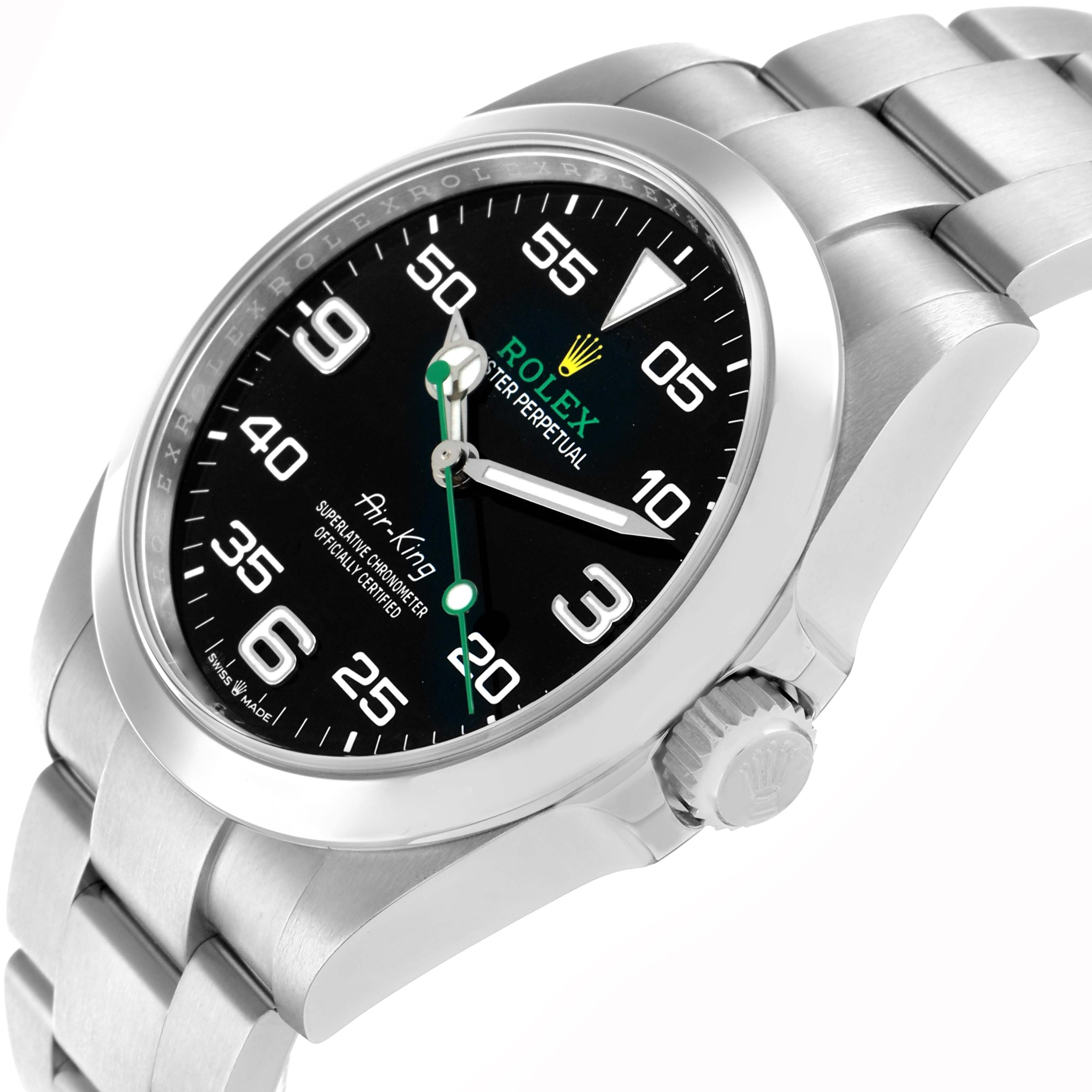 The Rolex Air-King 126900 Men's Stainless Steel Black Dial watch is shown from a three-quarter angle, highlighting the face, bezel, bracelet, and crown.