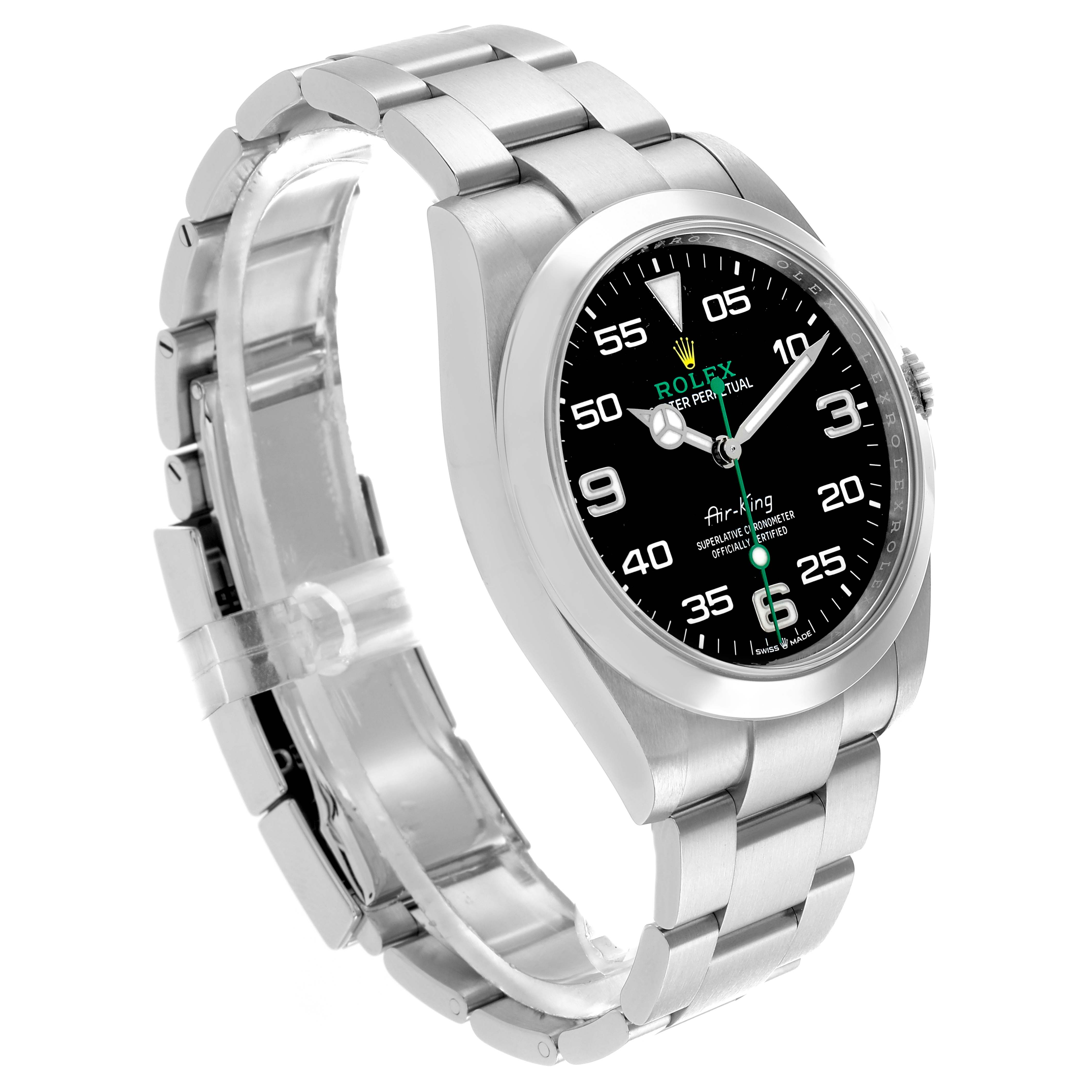 The Rolex Air-King 126900 Men's Stainless Steel Black Dial watch is shown at a three-quarter angle, highlighting the bracelet, dial, bezel, and crown.