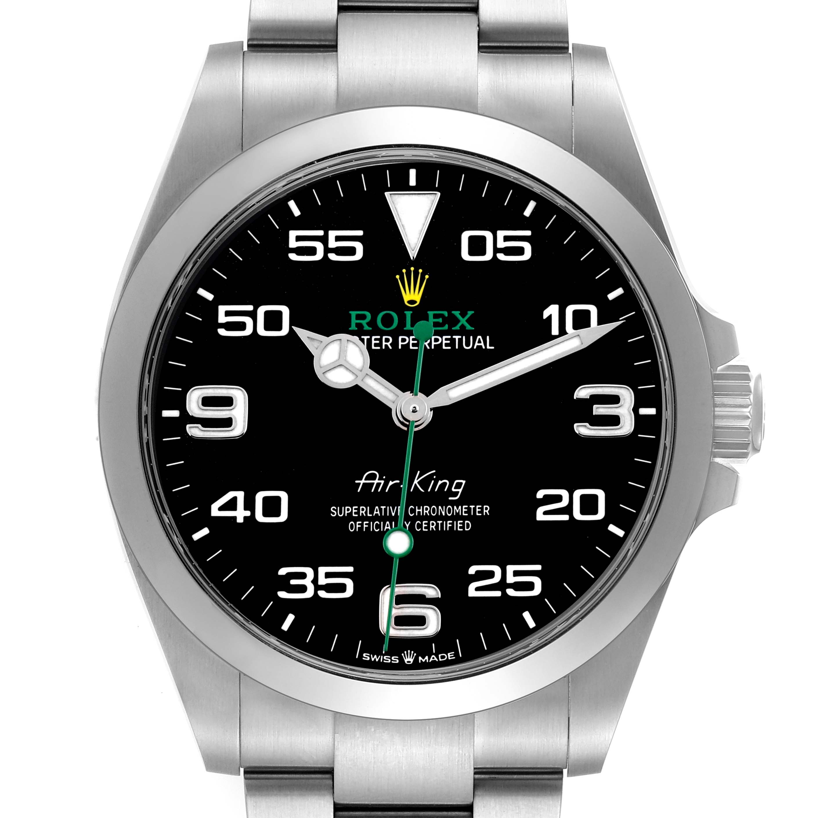 The Rolex Air-King 126900 Men's Stainless Steel Black Dial watch is shown from the front, highlighting its black dial and silver bracelet links.