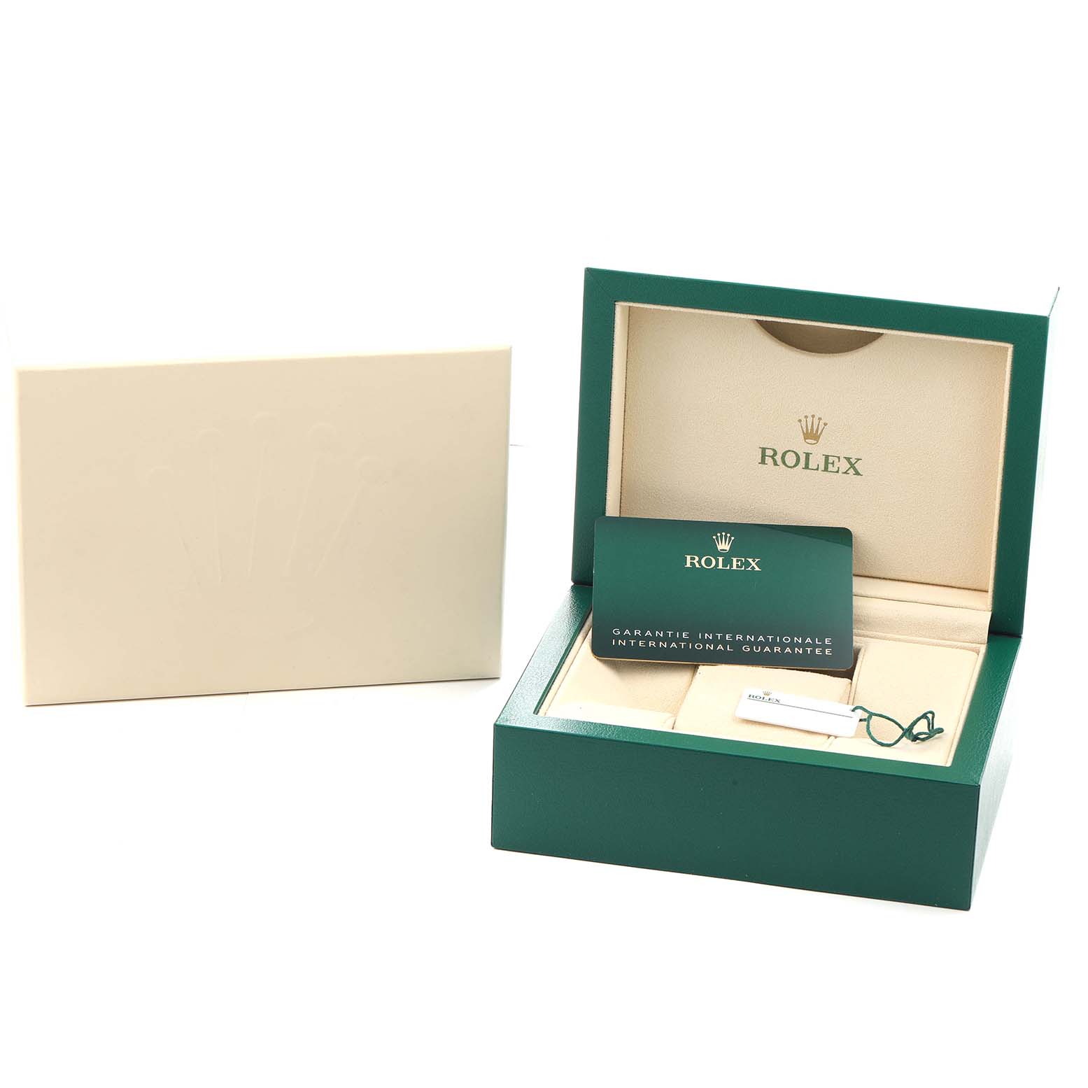 The image shows a Rolex Air-King 126900 Men's Stainless Steel Black Dial watch box, a warranty card, and a protective case at a slight angle.