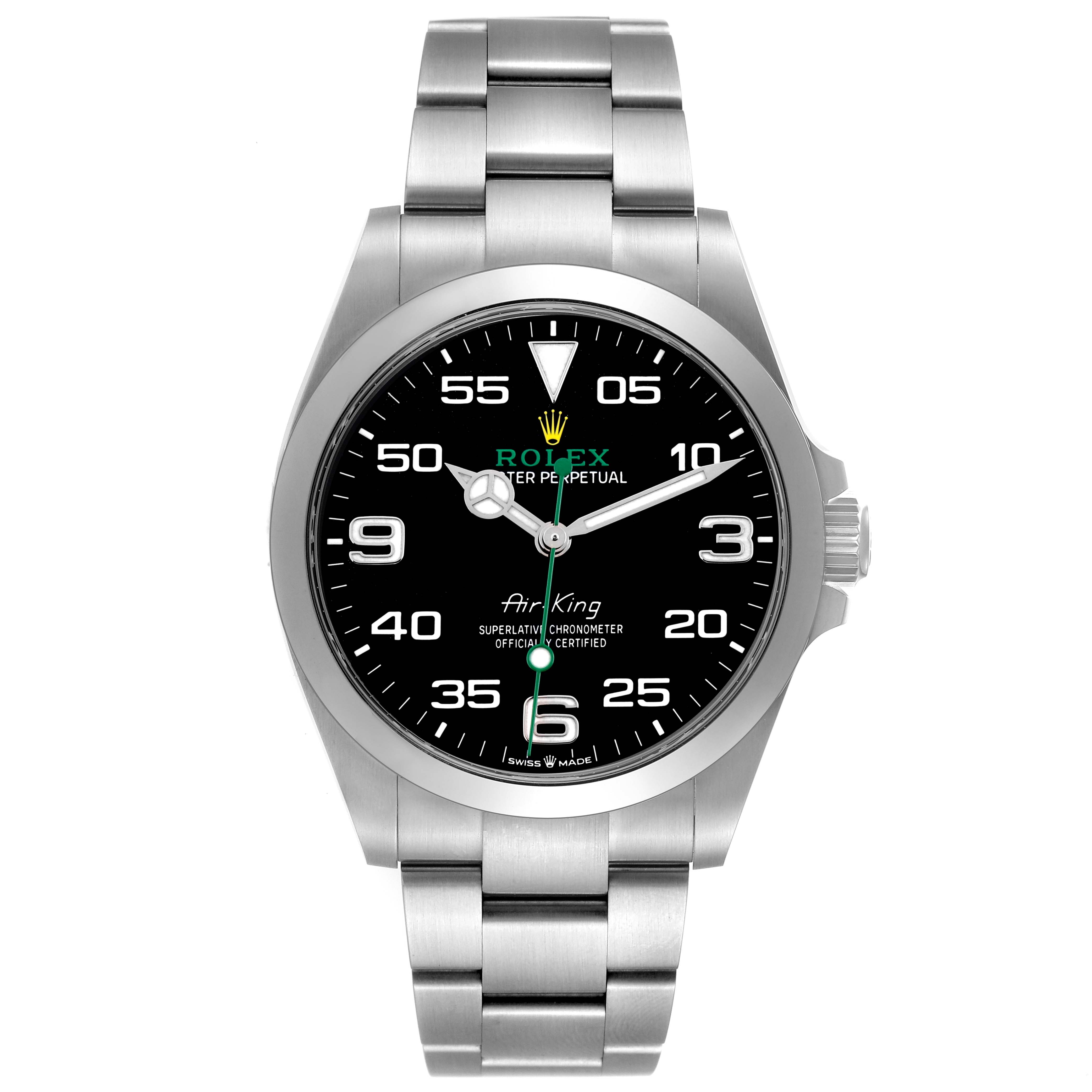 The Rolex Air-King 126900 Men's Stainless Steel Black Dial watch is shown from a front angle, displaying the entire face, bezel, and part of the bracelet.