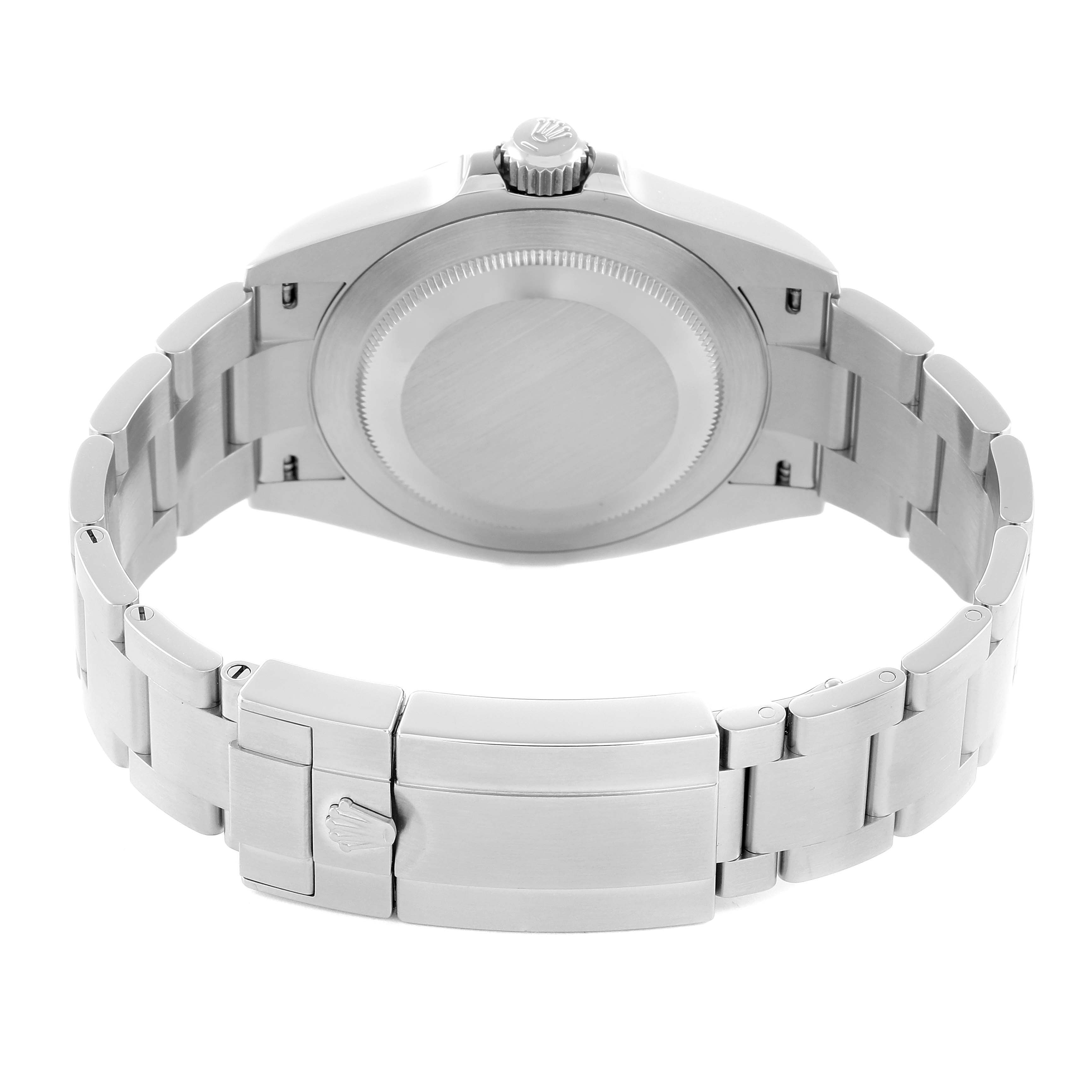 The image shows the back view of a Rolex Air-King 126900 Men's Stainless Steel Black Dial watch, highlighting the case back, bracelet, and clasp.