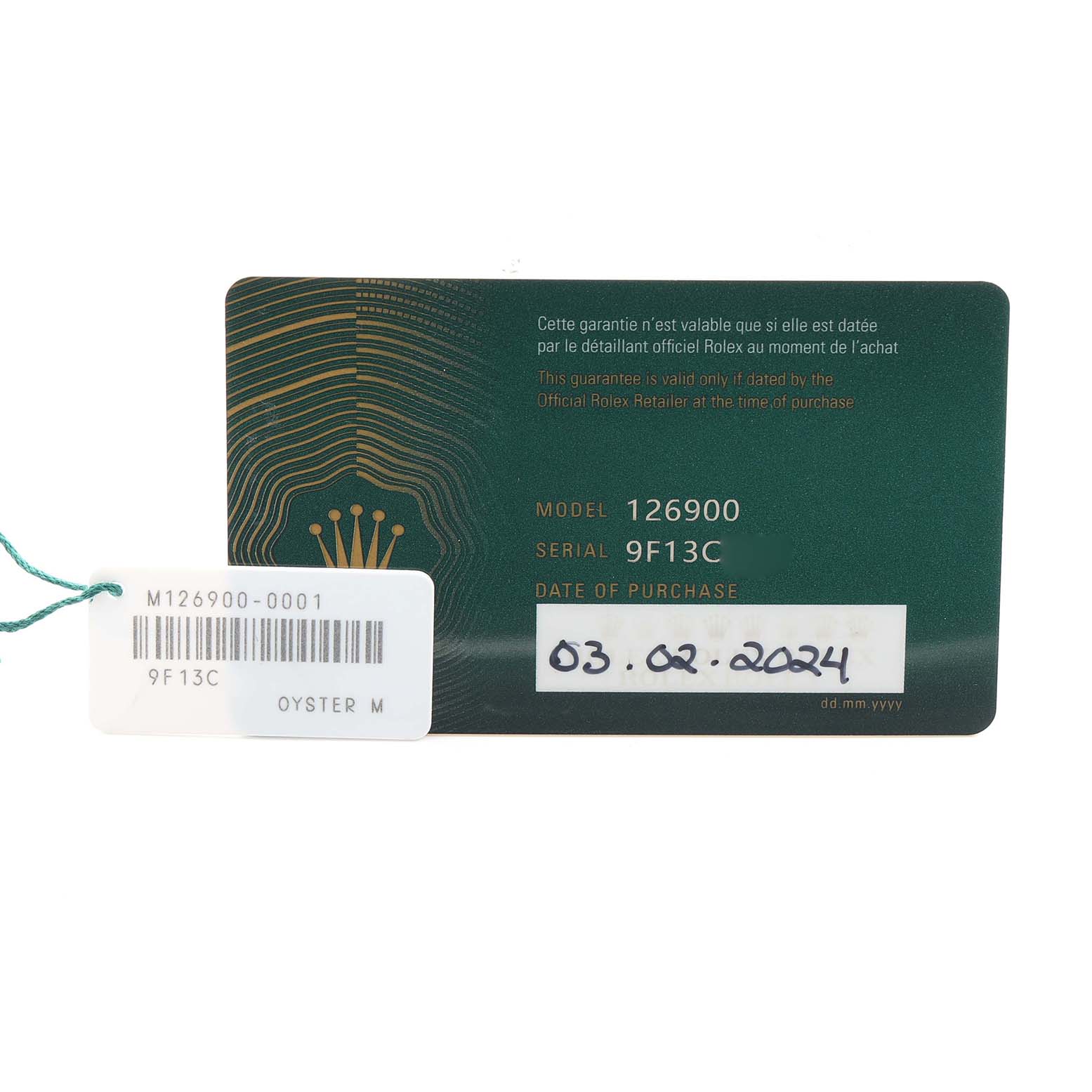 The image shows a warranty card and tag for a Rolex Air-King 126900 Men's Stainless Steel Black Dial, model 126900.