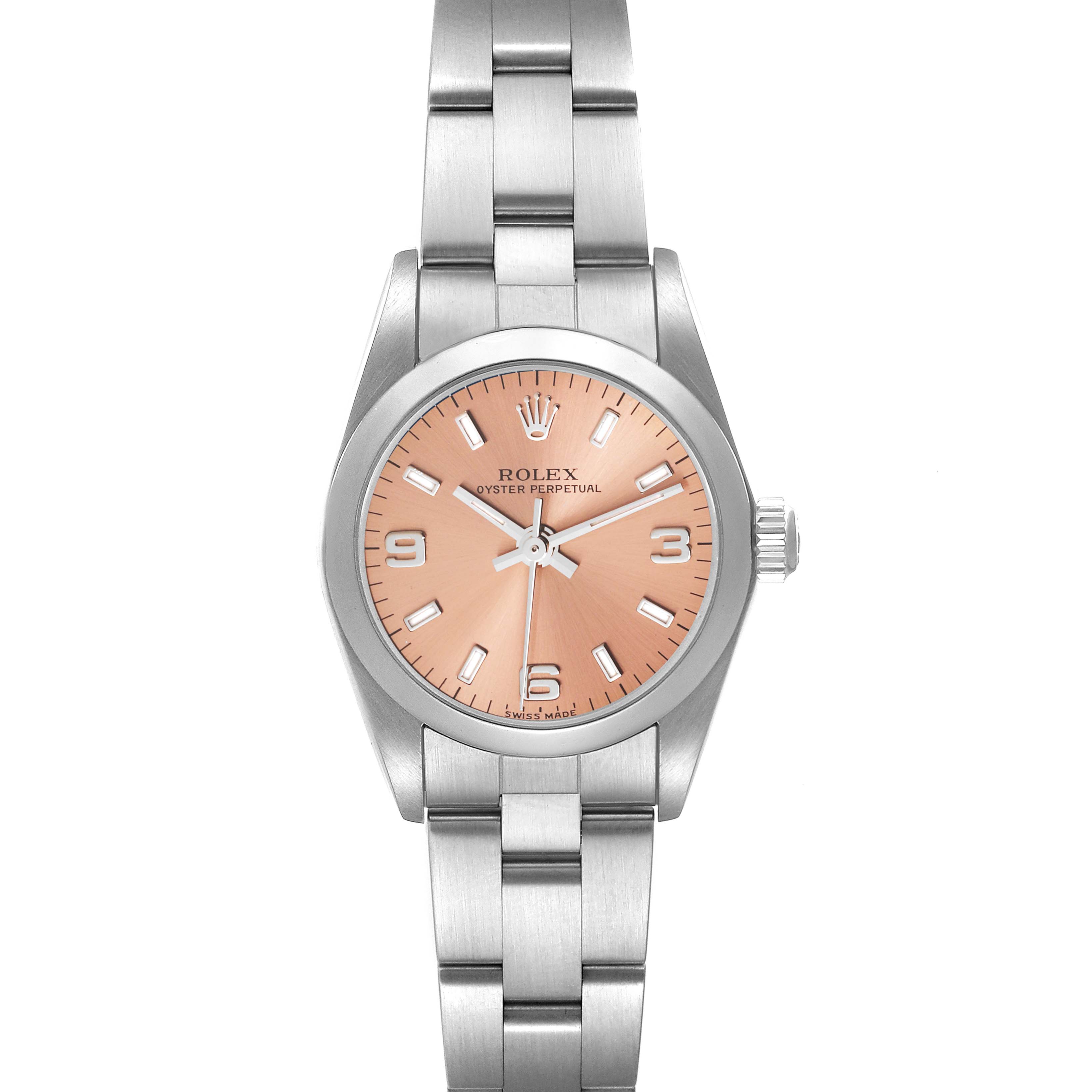 This image shows the full frontal view of a Rolex Oyster Perpetual 76080 Women's Stainless Steel Pink Dial 76080 Women's Stainless Steel Pink Dial watch, displaying its dial, bezel, crown, and bracelet.