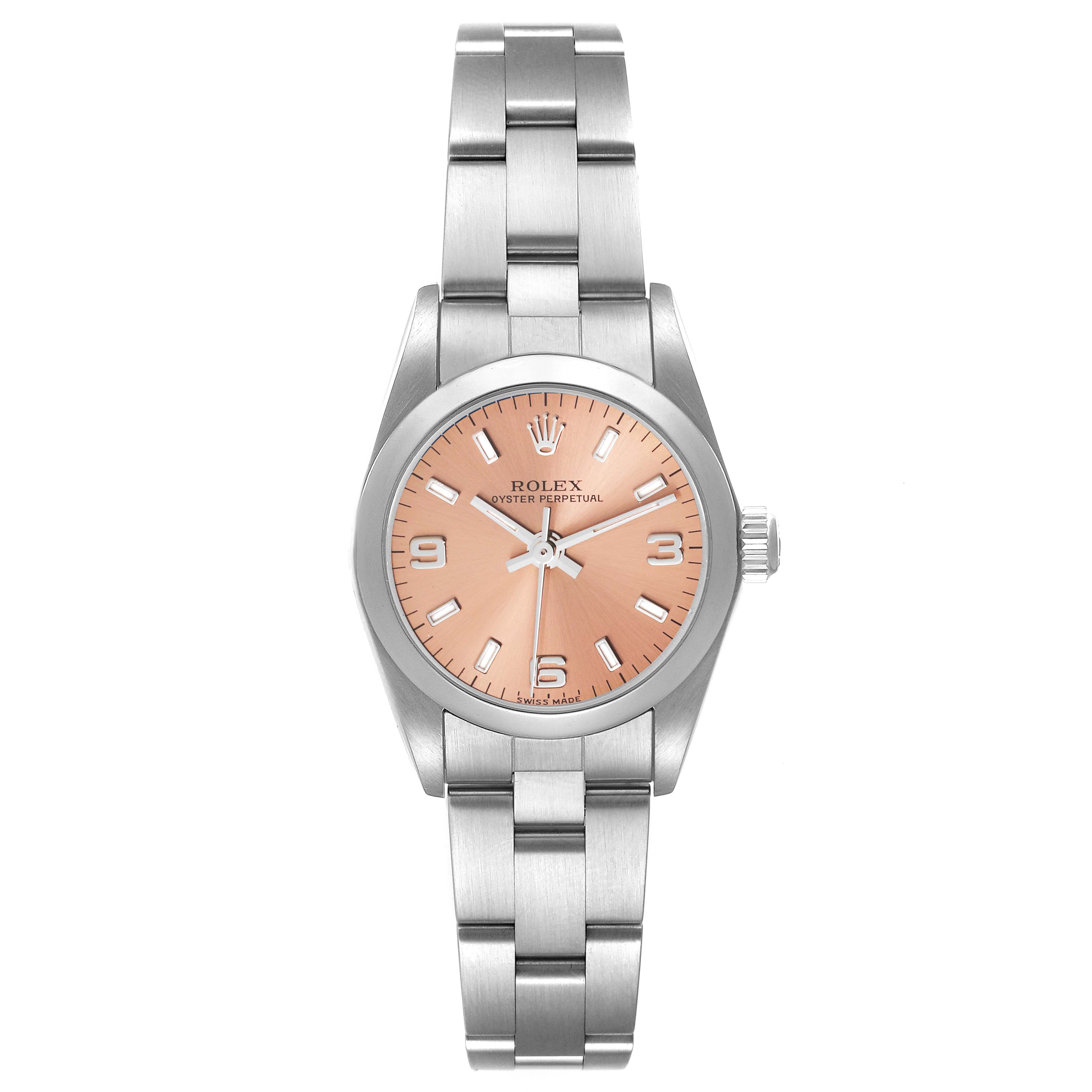 The Rolex Oyster Perpetual 76080 Women's Stainless Steel Pink Dial 76080 Women's Stainless Steel Pink Dial watch is shown from a top-down angle, displaying the dial, bezel, case, and bracelet.