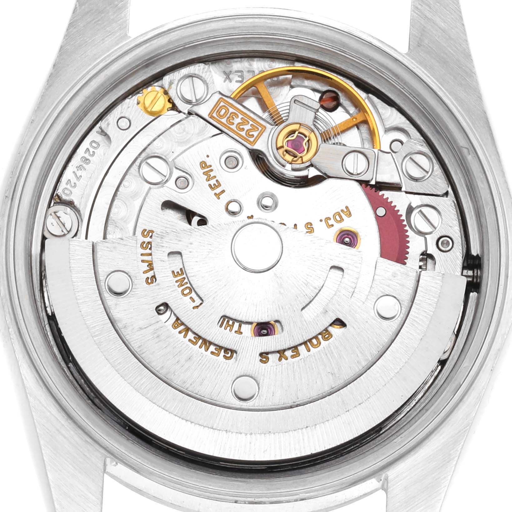 This image shows the open case back of a Rolex Oyster Perpetual 76080 Women's Stainless Steel Pink Dial 76080 Women's Stainless Steel Pink Dial watch, revealing its inner mechanical movement components.