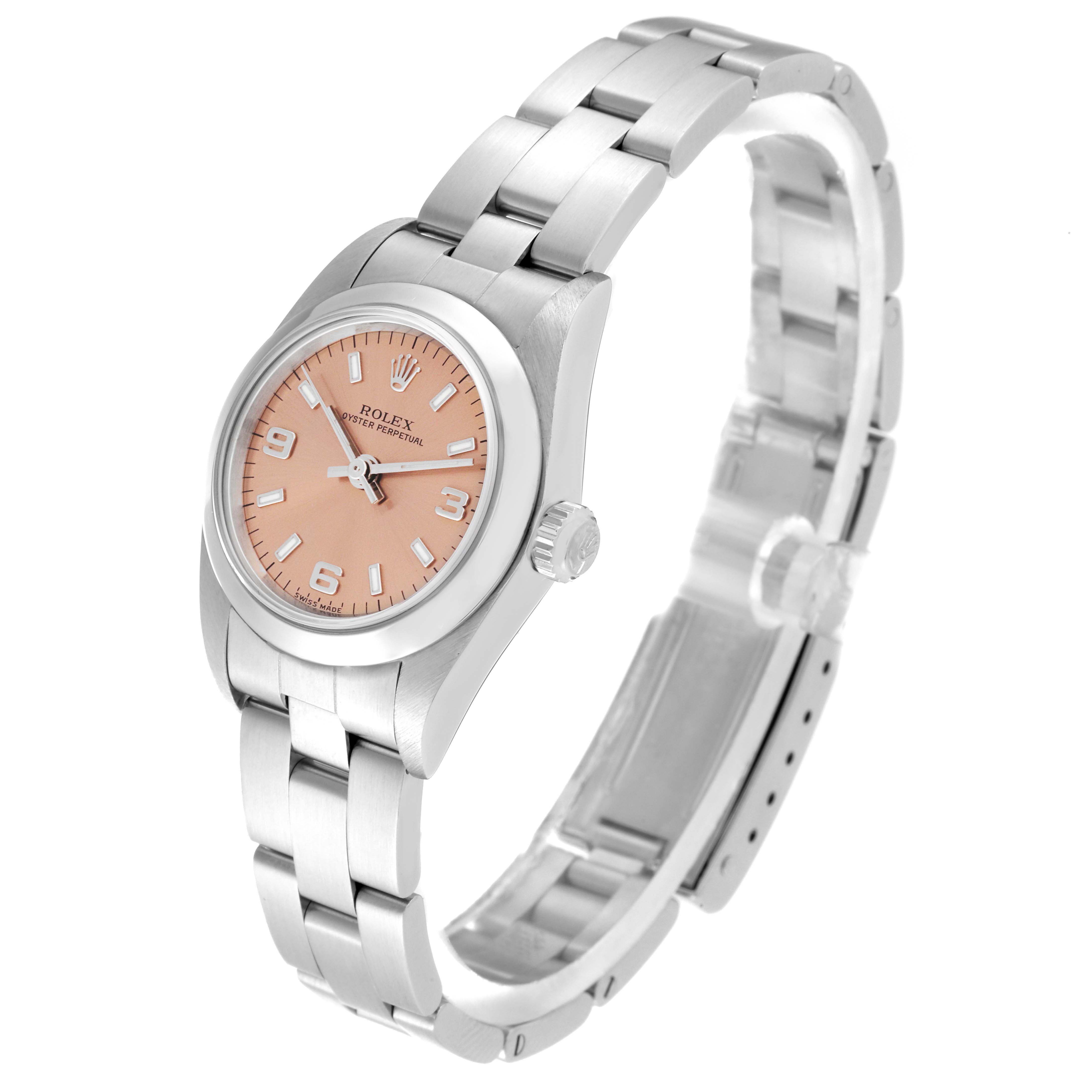 The Rolex Oyster Perpetual 76080 Women's Stainless Steel Pink Dial 76080 Women's Stainless Steel Pink Dial watch is shown at a slight angle displaying the face, bezel, crown, and bracelet.