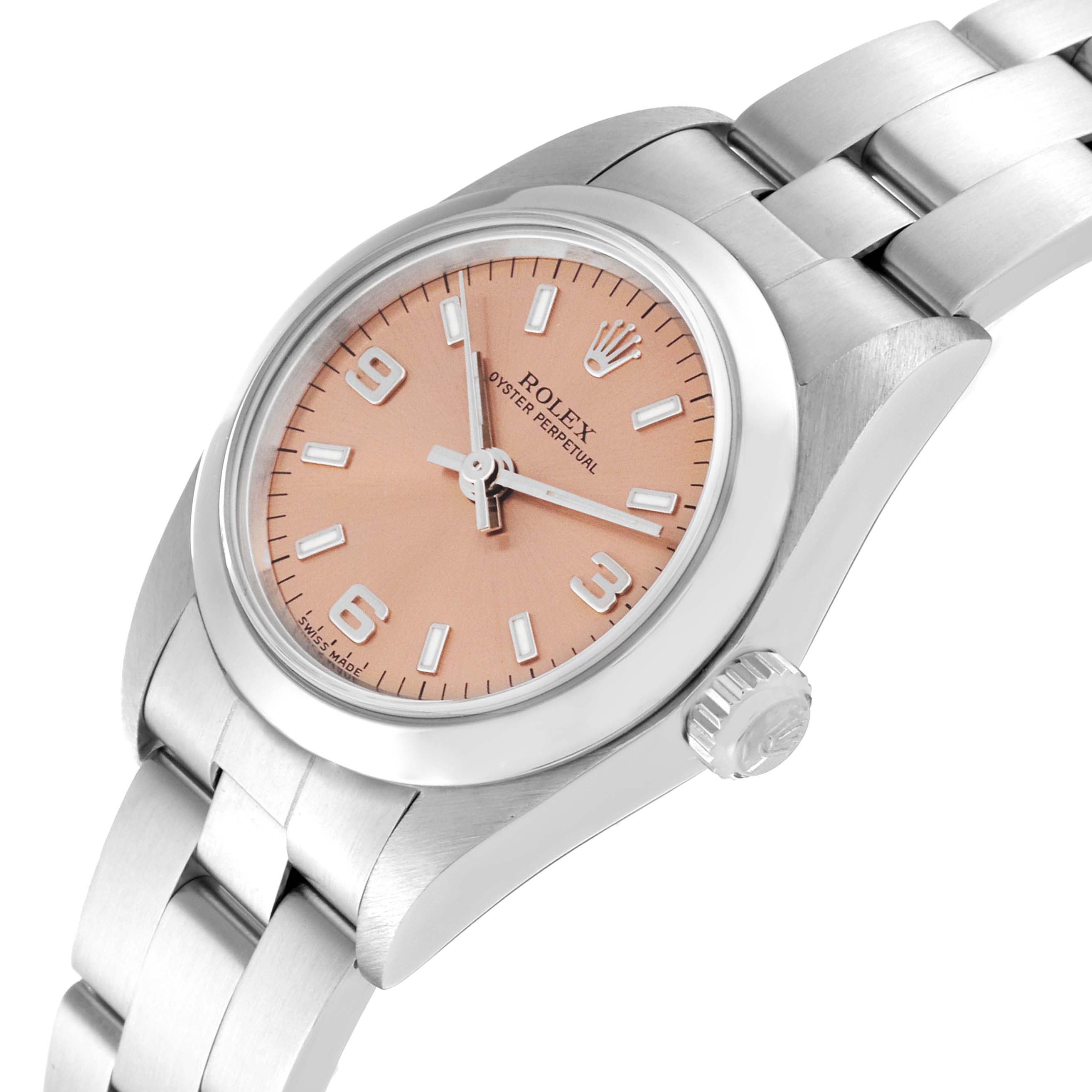 This image shows a side angle of the Rolex Oyster Perpetual 76080 Women's Stainless Steel Pink Dial 76080 Women's Stainless Steel Pink Dial watch highlighting its dial, crown, and bracelet.