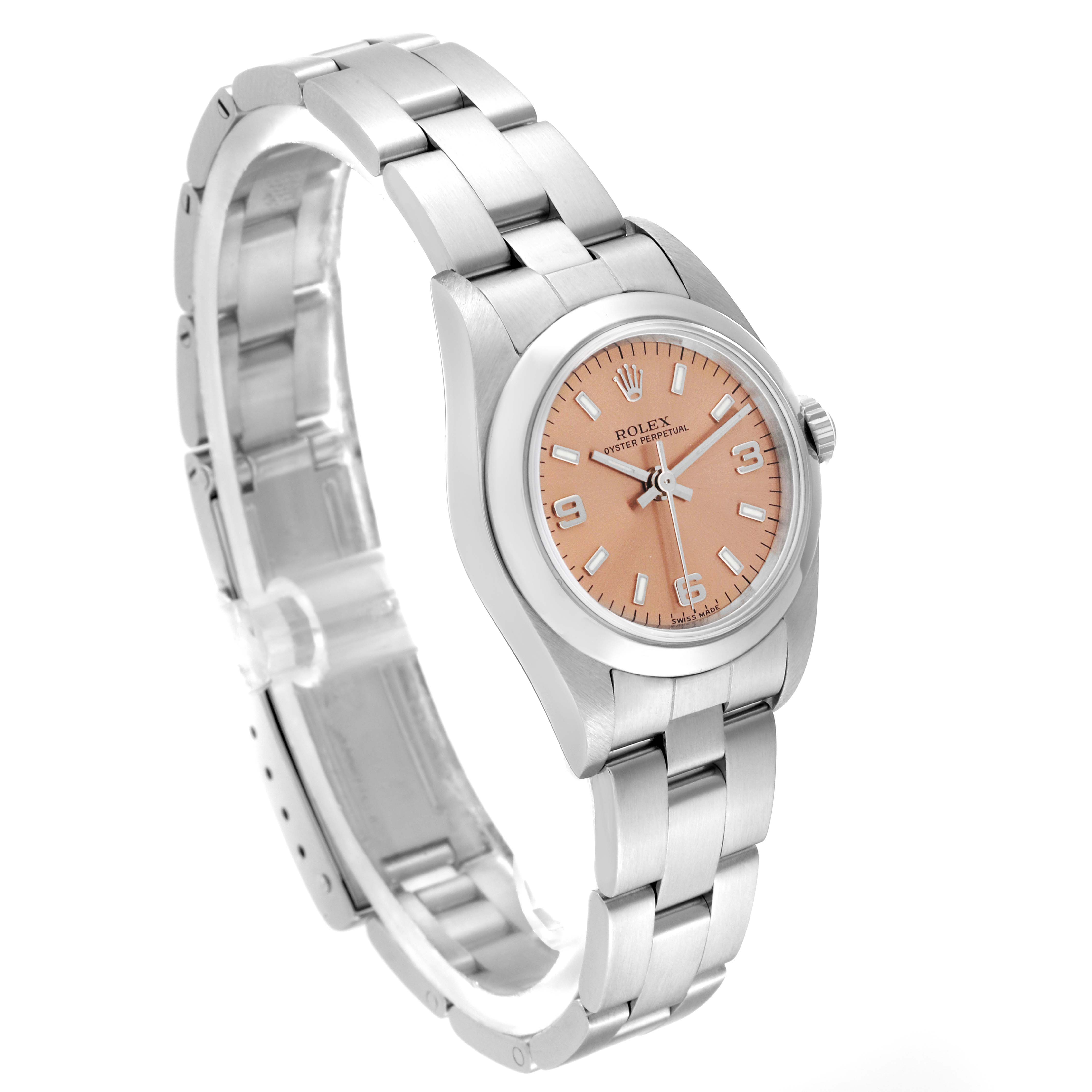 This image shows a side angle of a Rolex Oyster Perpetual 76080 Women's Stainless Steel Pink Dial 76080 Women's Stainless Steel Pink Dial watch, highlighting its bracelet, case, and salmon-colored dial.
