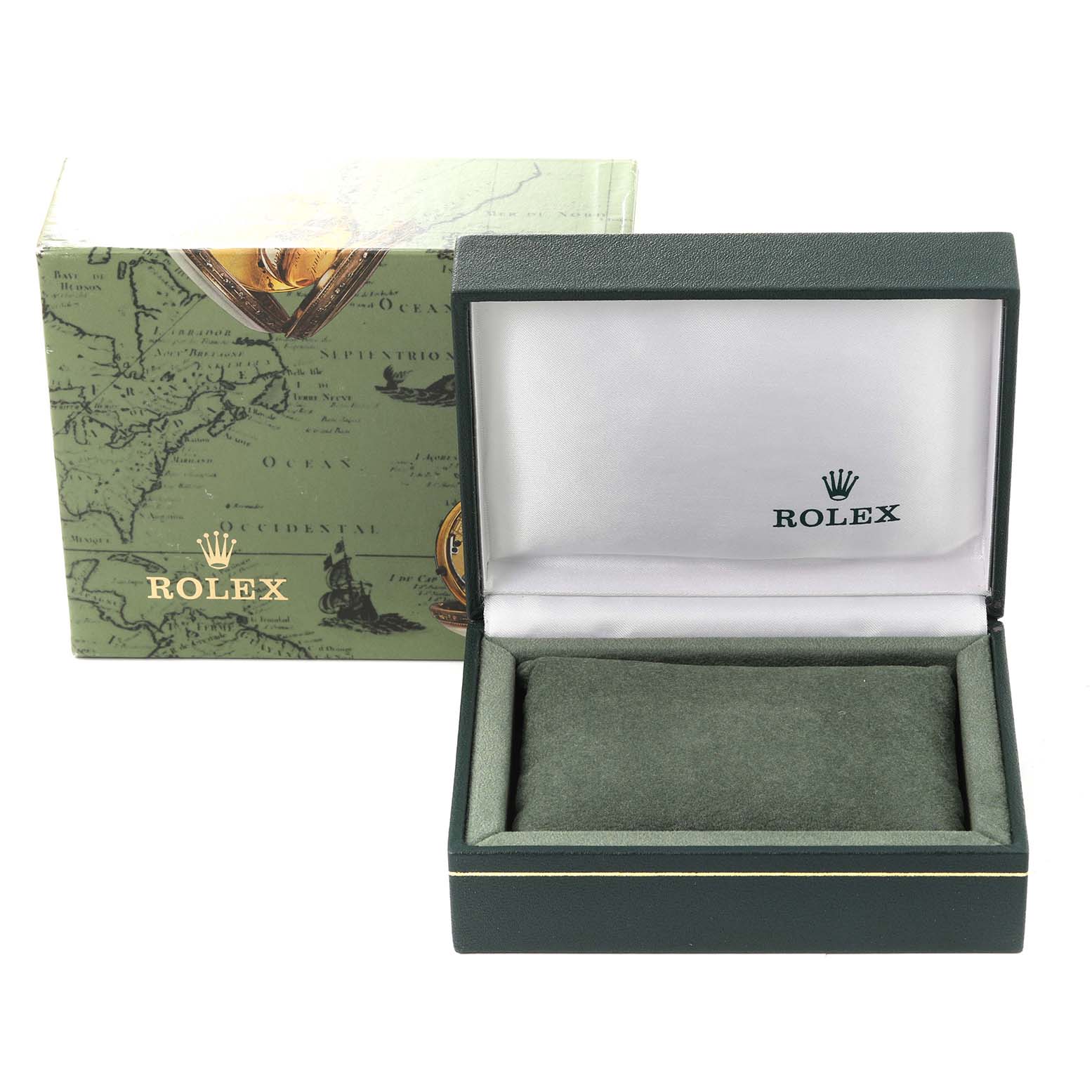 The image shows an open green Rolex box and outer packaging for an Oyster Perpetual model.