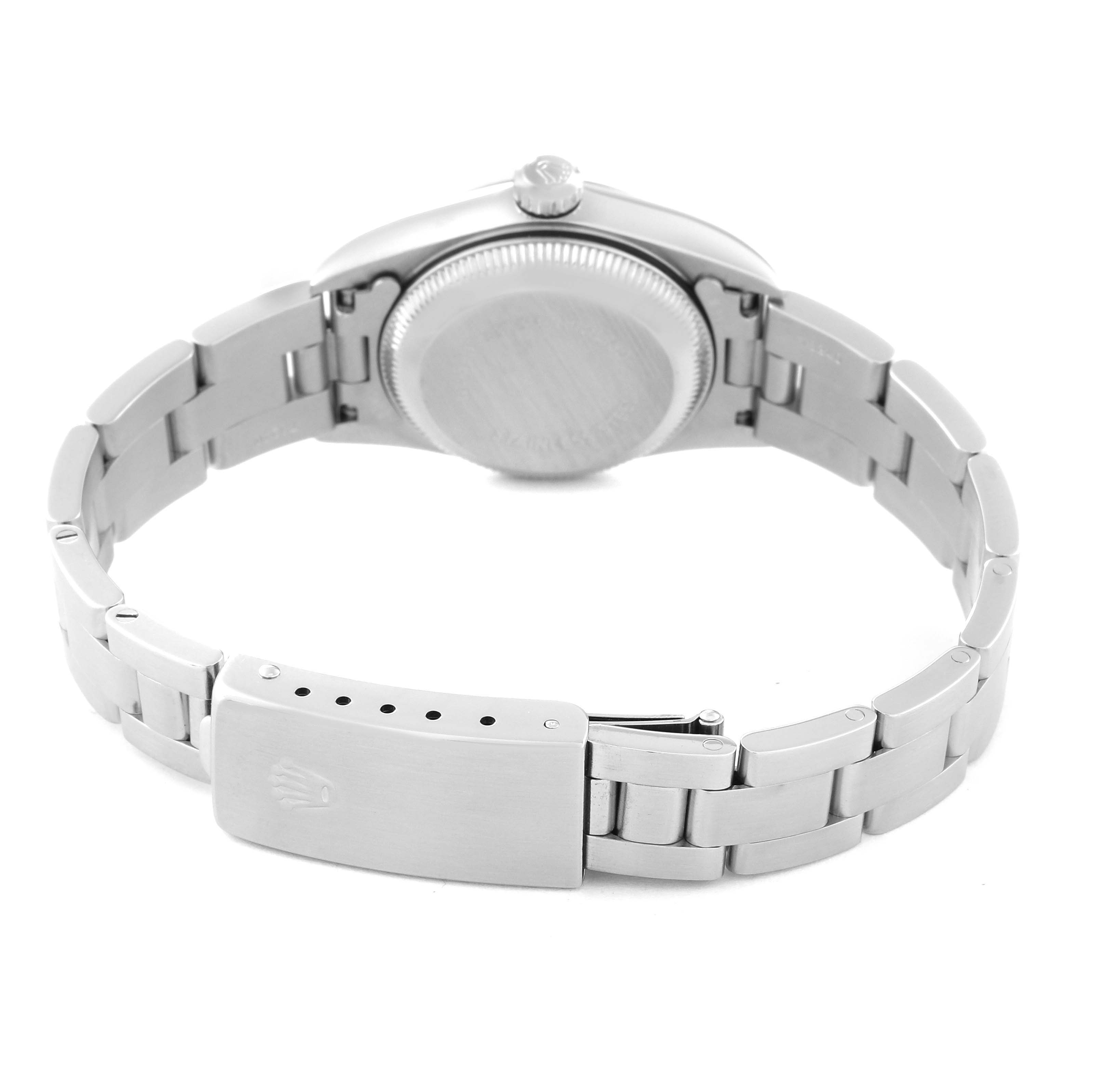 This image showcases the back view of the Rolex Oyster Perpetual 76080 Women's Stainless Steel Pink Dial 76080 Women's Stainless Steel Pink Dial watch, highlighting its case back and metal bracelet.