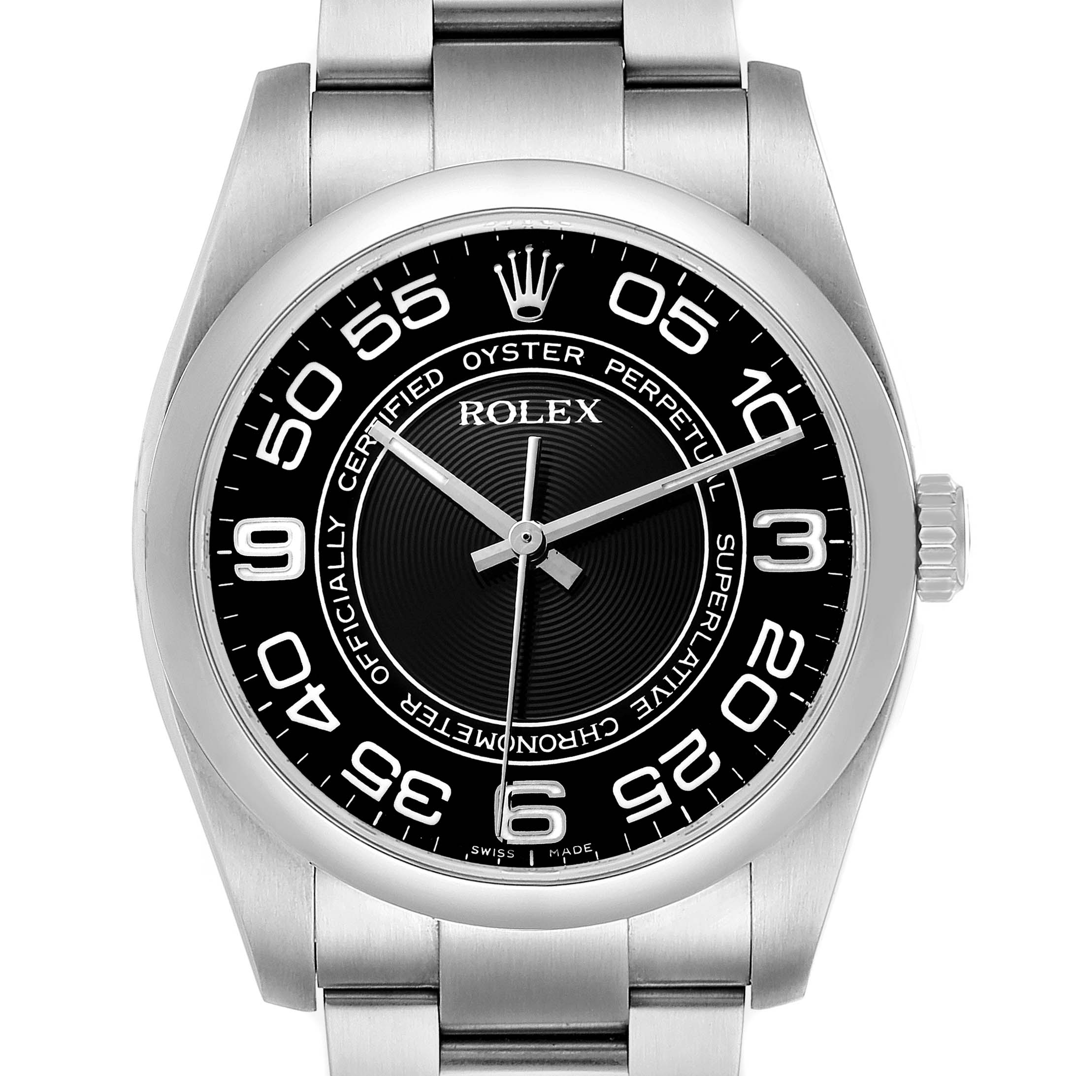 The Rolex Oyster Perpetual 116000 Men's Stainless Steel Black Dial watch is shown from a front angle, displaying its dial, bezel, and part of the bracelet.