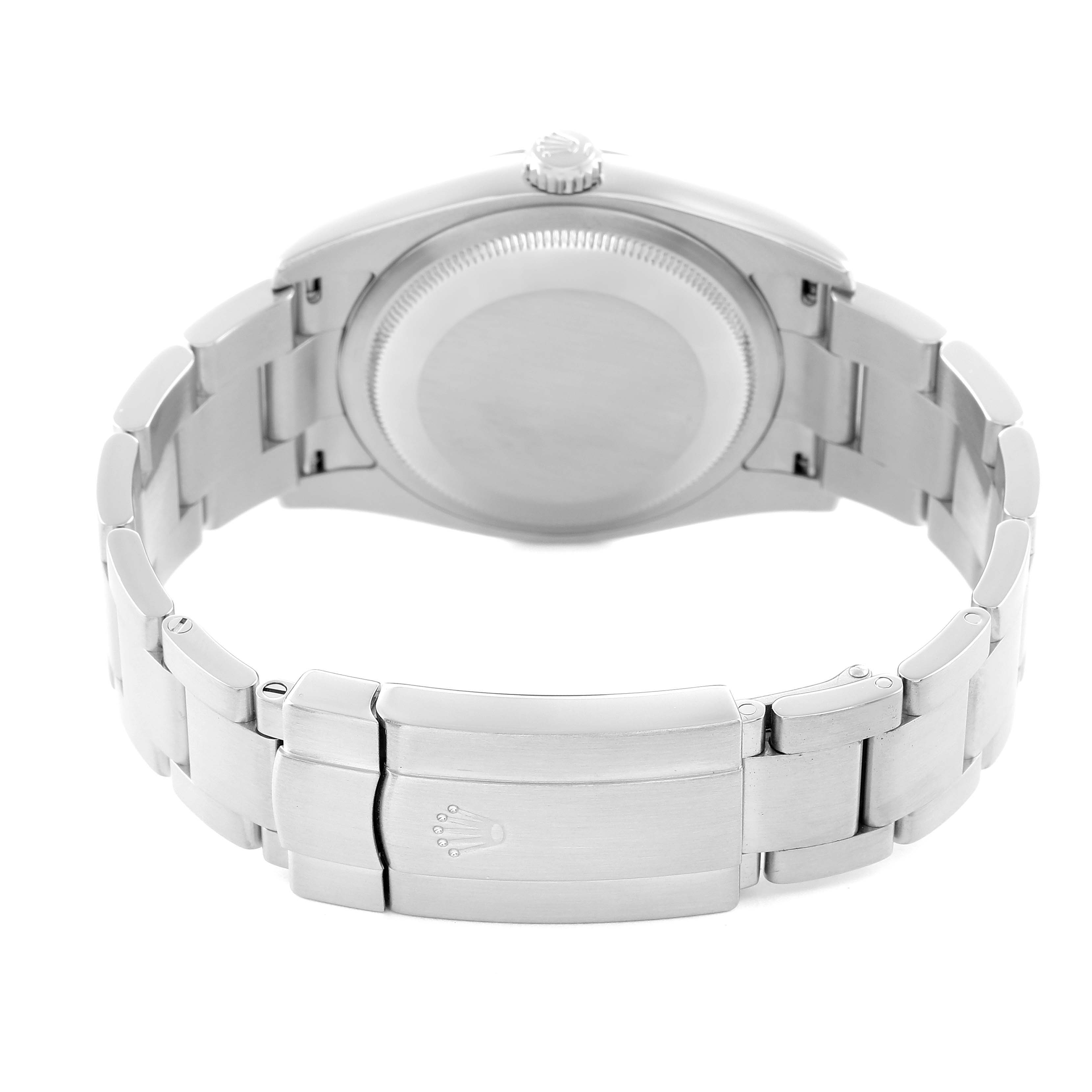 The image shows the Rolex Oyster Perpetual 116000 Men's Stainless Steel Black Dial watch from the back, highlighting the clasp, bracelet, and case back.