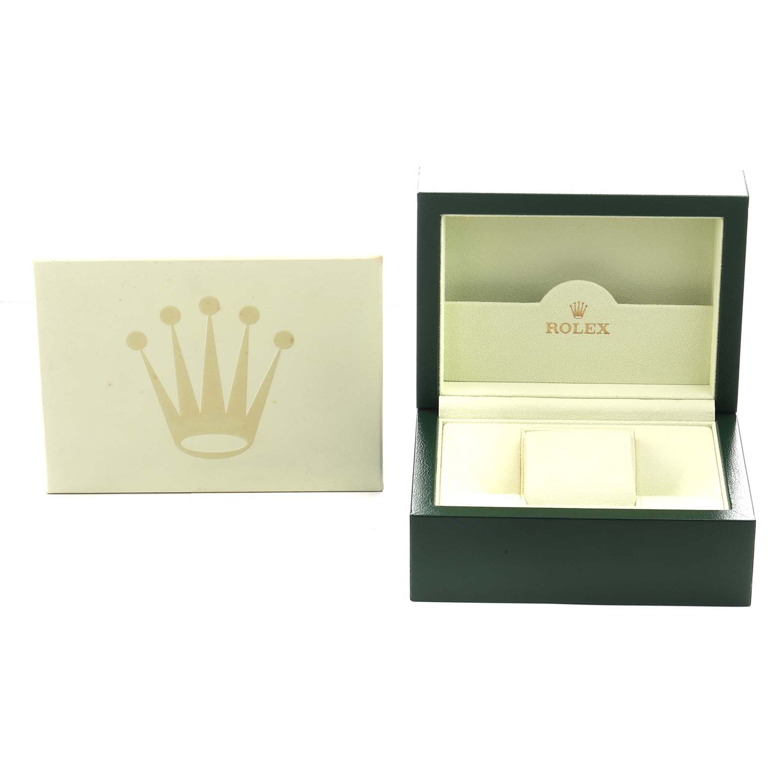 The image shows an open Rolex Oyster Perpetual 116000 Men's Stainless Steel Black Dial watch box and its lid, displaying the brand logo inside.