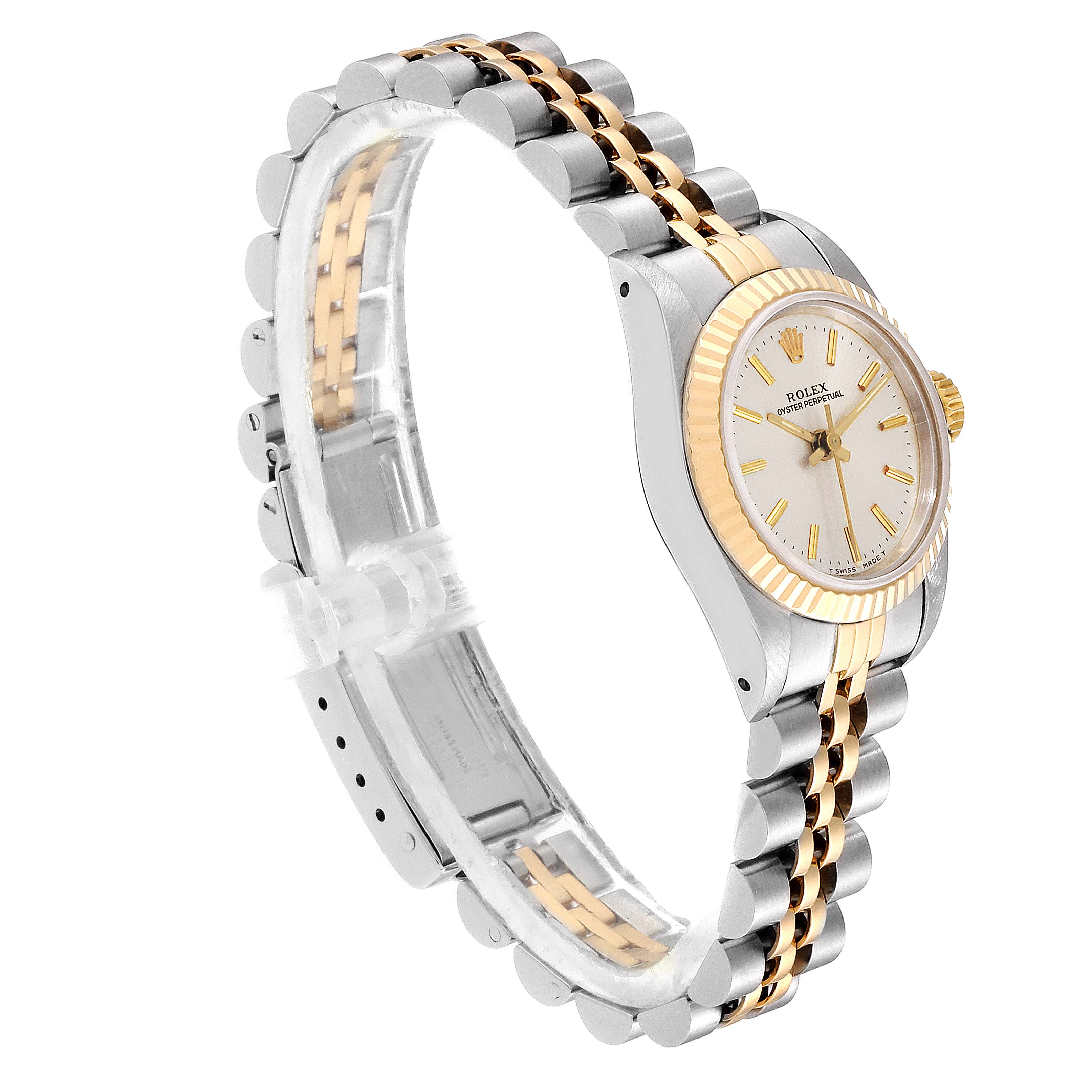 This image shows a side view of a Rolex Oyster Perpetual 67193 Women
s Steel and Gold (two tone) Silver Dial 67193 Women
s Steel and Gold (two tone) Silver Dial watch, highlighting its bracelet and bezel.