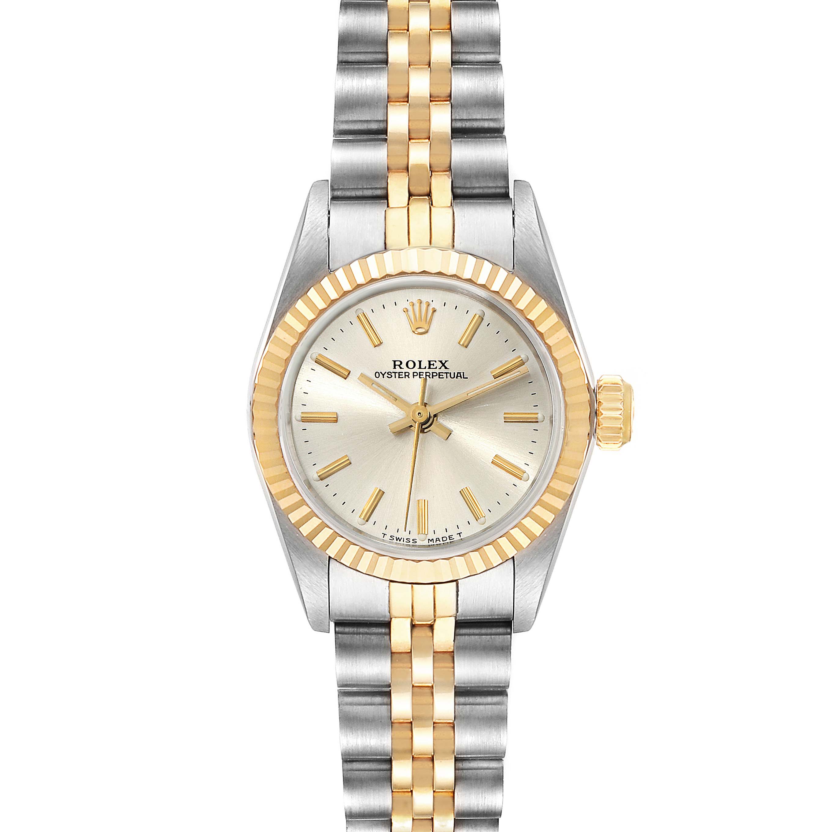 This is a top-view image of a Rolex Oyster Perpetual 67193 Women
s Steel and Gold (two tone) Silver Dial 67193 Women
s Steel and Gold (two tone) Silver Dial watch showing the face, bezel, crown, and bracelet.