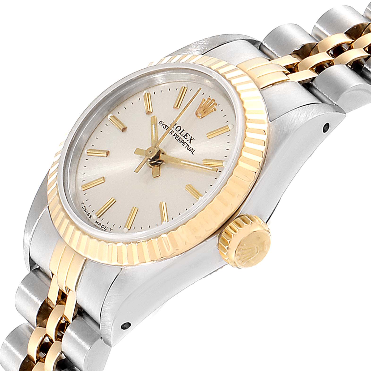 The image features a side angle of a Rolex Oyster Perpetual 67193 Women
s Steel and Gold (two tone) Silver Dial 67193 Women
s Steel and Gold (two tone) Silver Dial watch, showing the face, crown, and part of the two-tone bracelet.