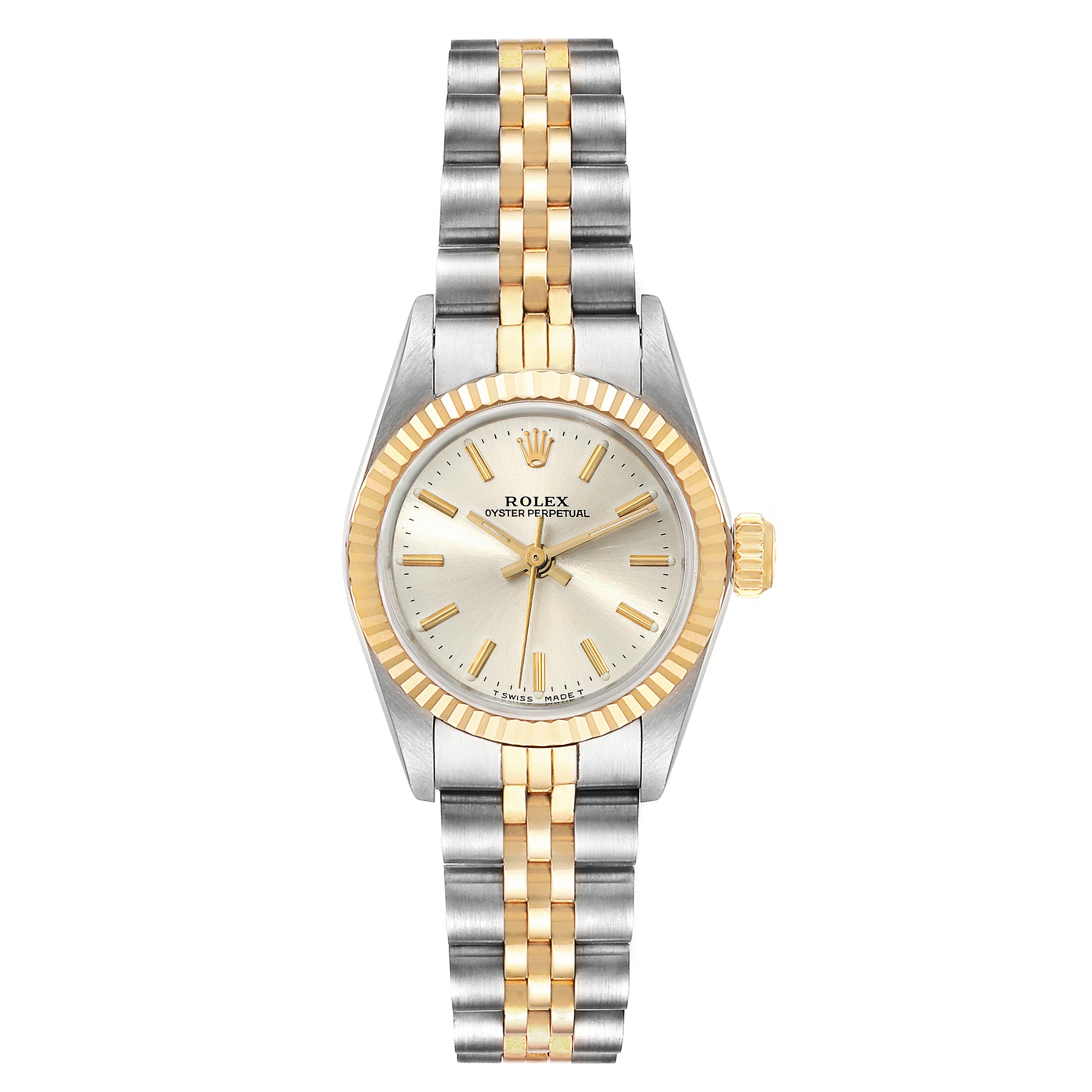 This image shows a frontal view of a Rolex Oyster Perpetual 67193 Women
s Steel and Gold (two tone) Silver Dial 67193 Women
s Steel and Gold (two tone) Silver Dial watch, displaying its dial, case, bezel, and bracelet.