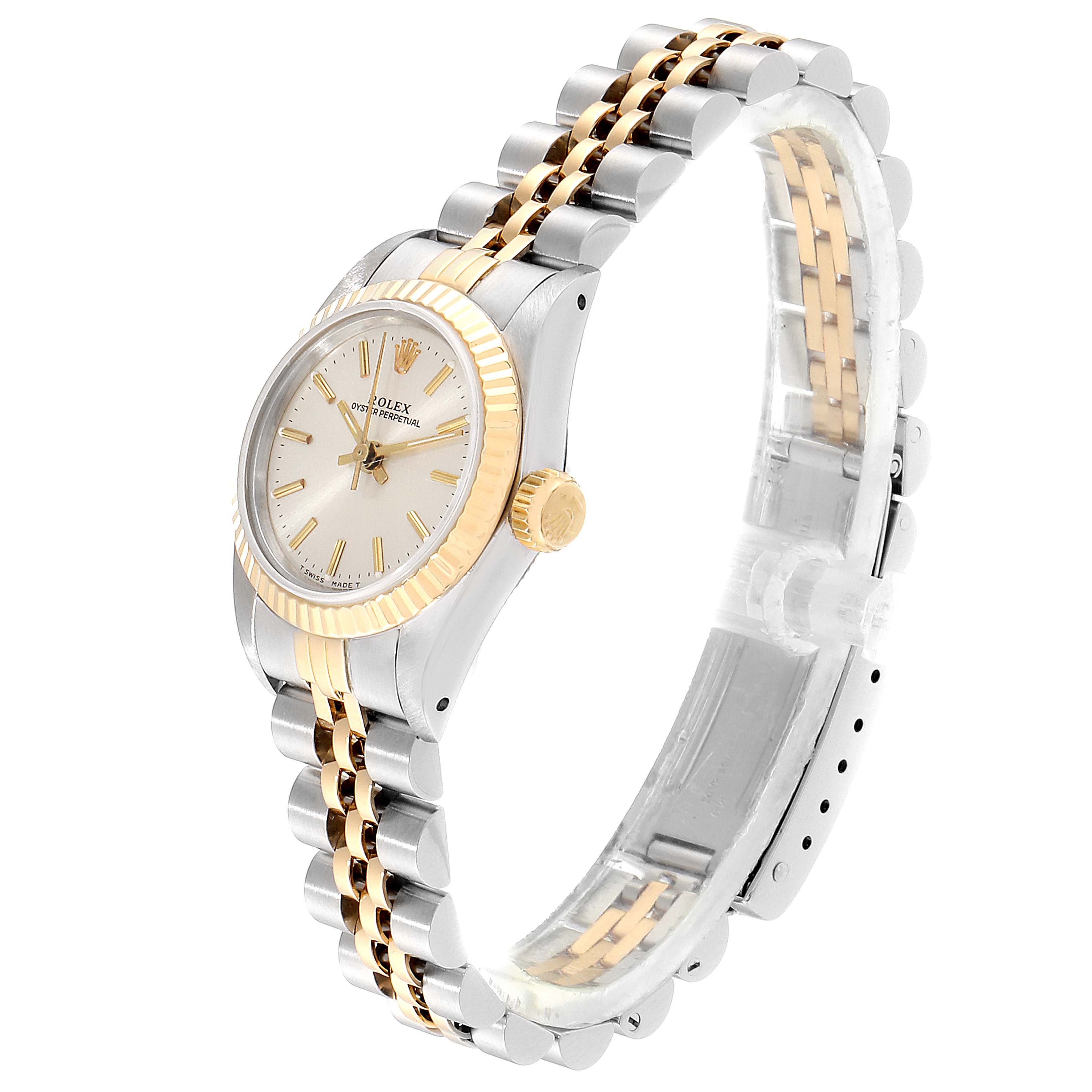 The Rolex Oyster Perpetual 67193 Women
s Steel and Gold (two tone) Silver Dial 67193 Women
s Steel and Gold (two tone) Silver Dial watch is shown from an angled side view, displaying its face, bezel, crown, and bracelet.