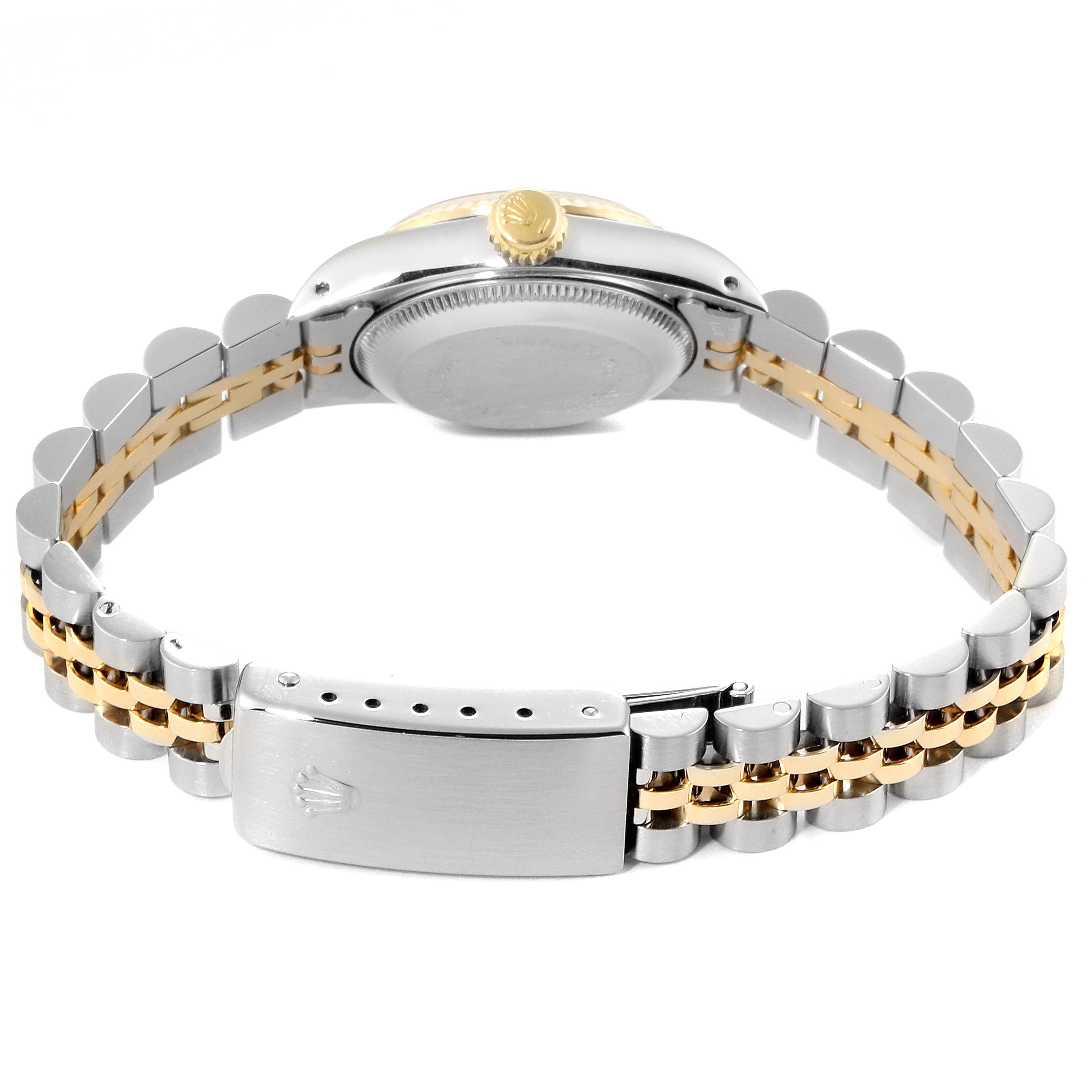 This image shows the back, side, and clasp of the Rolex Oyster Perpetual 67193 Women
s Steel and Gold (two tone) Silver Dial 67193 Women
s Steel and Gold (two tone) Silver Dial watch, highlighting the bracelet and crown.