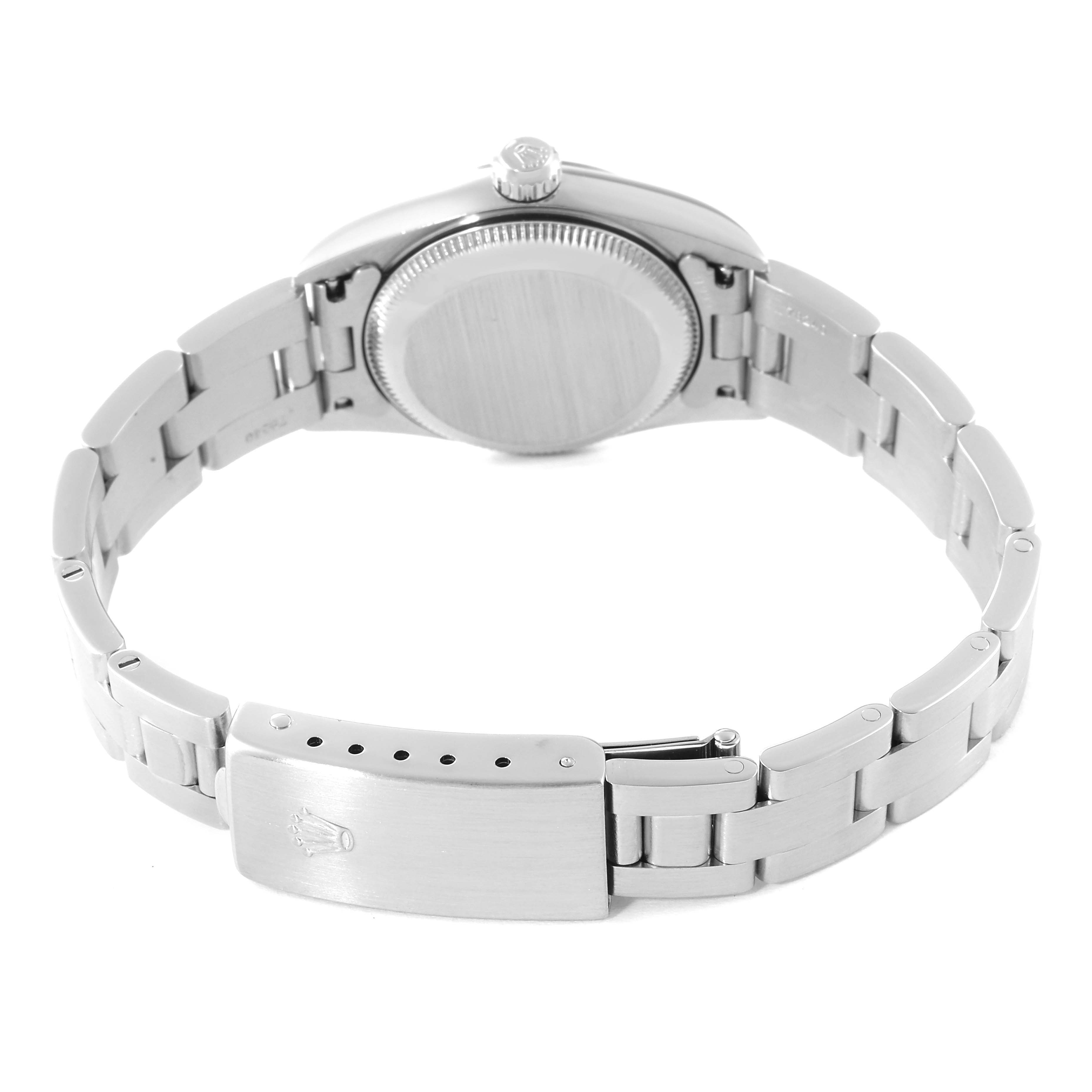 The image shows the back view of a Rolex Oyster Perpetual 76080 Women
s Stainless Steel Silver Dial 76080 Women
s Stainless Steel Silver Dial watch, highlighting its case back, crown, and bracelet clasp.
