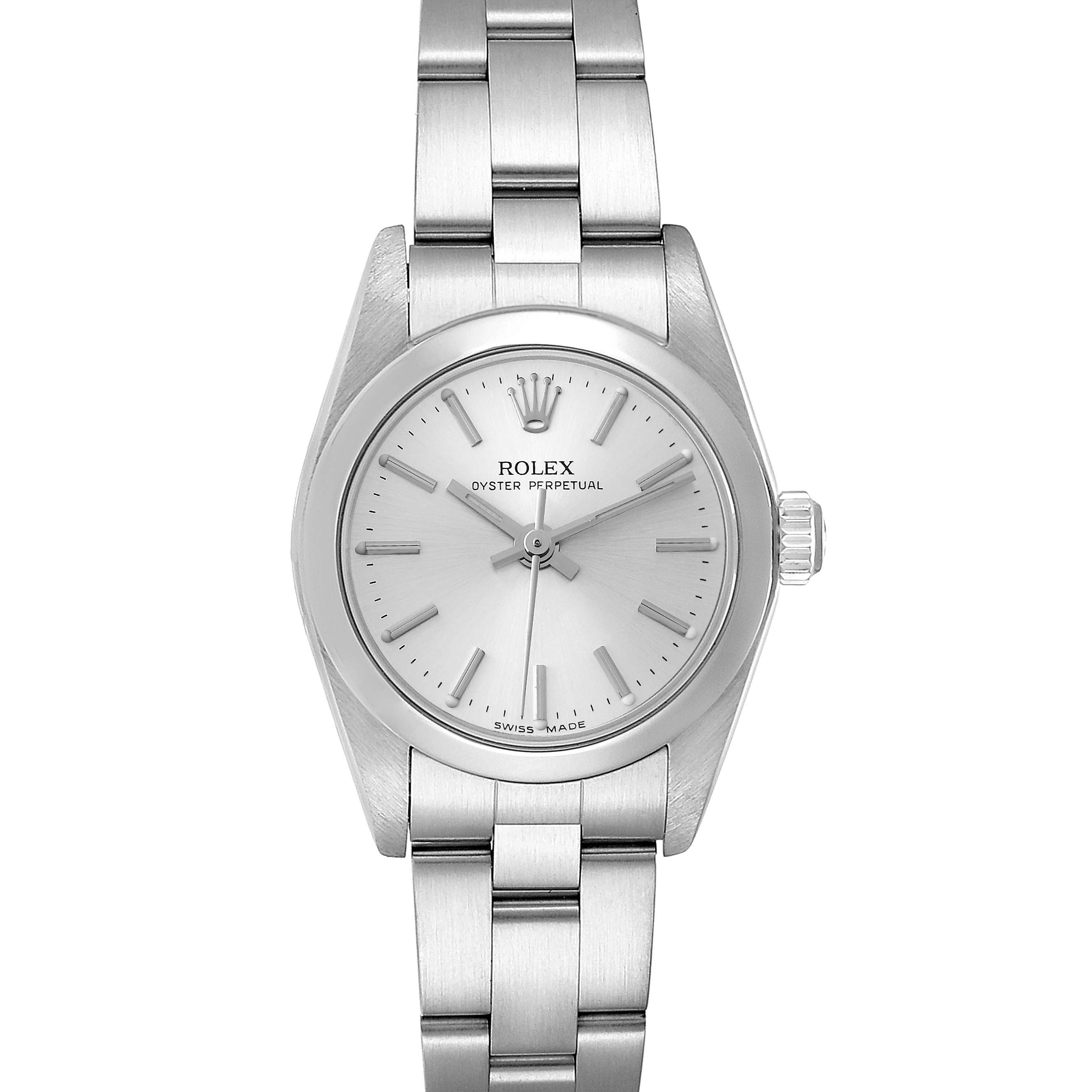 This image shows a front view of the Rolex Oyster Perpetual 76080 Women
s Stainless Steel Silver Dial 76080 Women
s Stainless Steel Silver Dial watch, highlighting the dial, case, and bracelet.