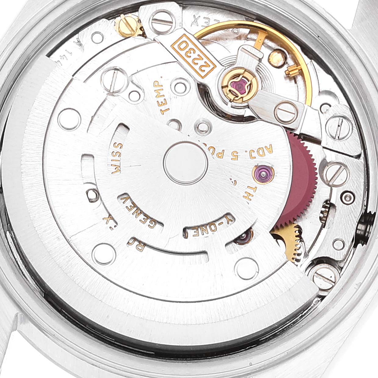 The image shows the internal movement mechanism of a Rolex Oyster Perpetual 76080 Women
s Stainless Steel Silver Dial 76080 Women
s Stainless Steel Silver Dial watch from a direct top-down angle.