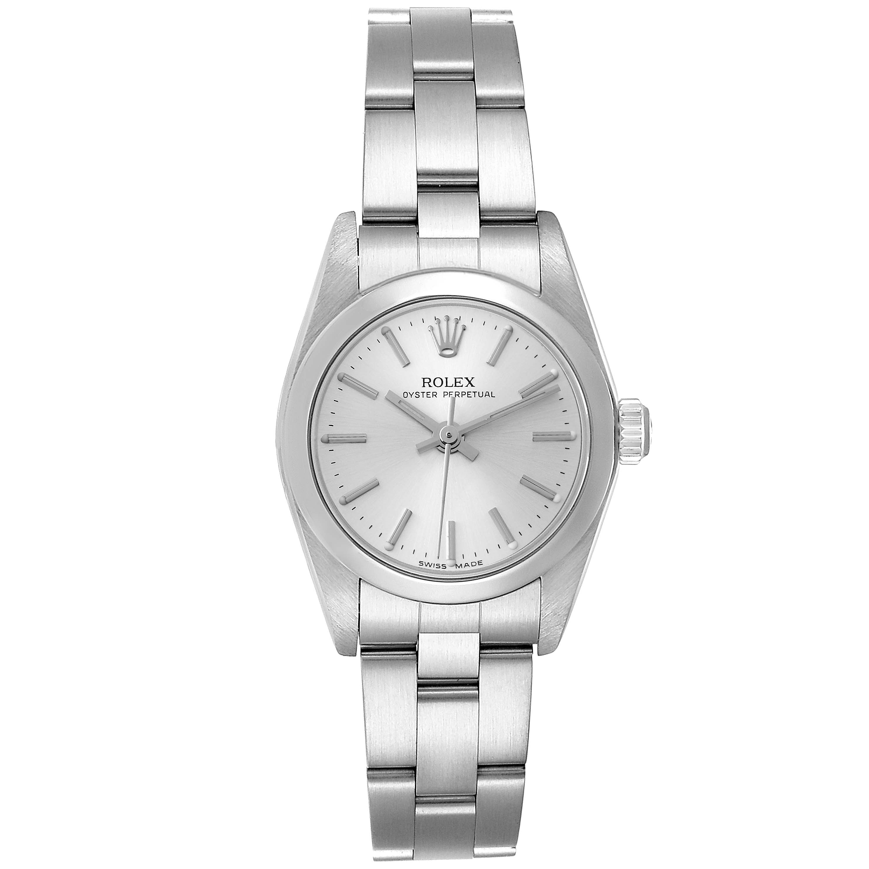 The image shows a front view of the Rolex Oyster Perpetual 76080 Women
s Stainless Steel Silver Dial 76080 Women
s Stainless Steel Silver Dial watch, featuring its silver dial, indices, and stainless steel bracelet.