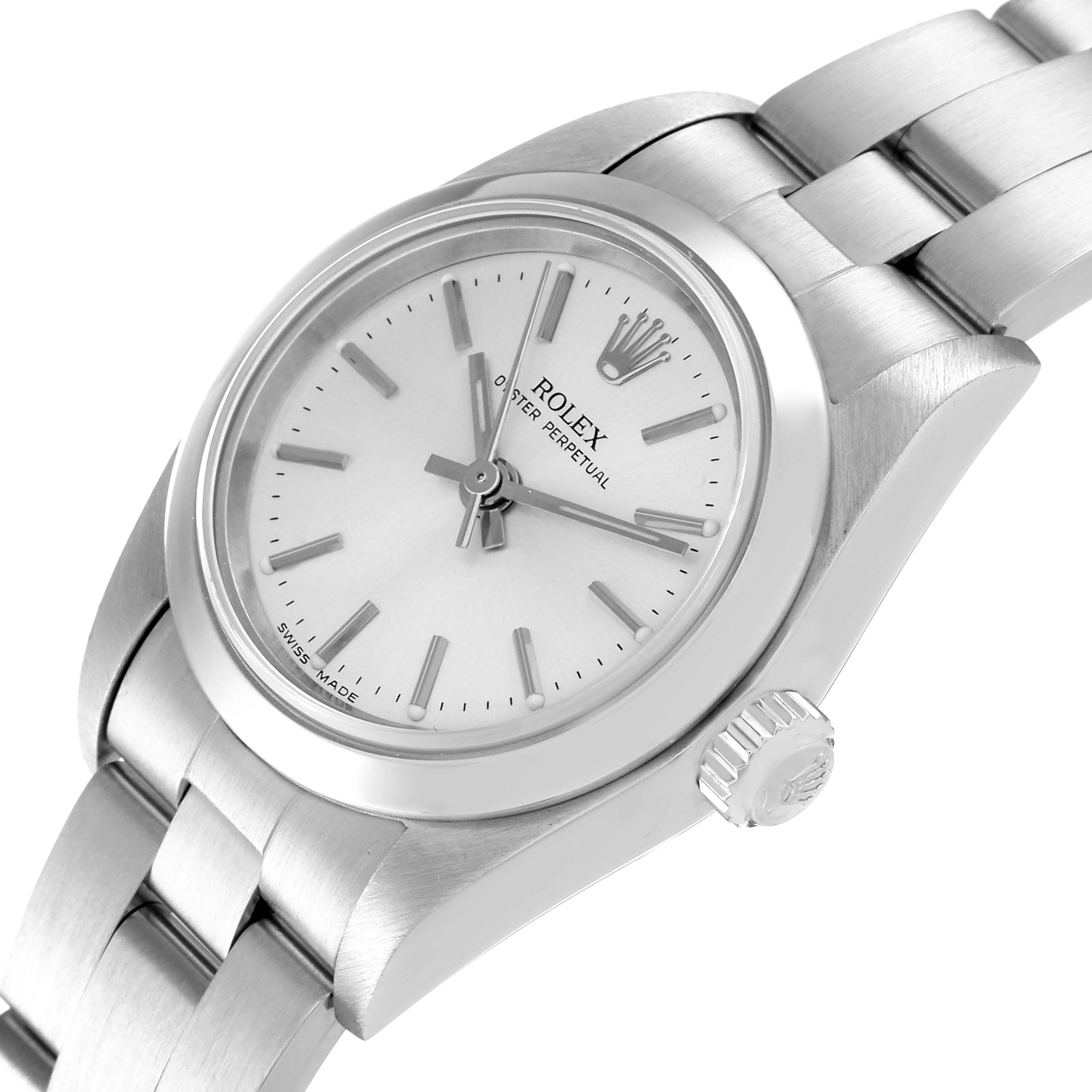 This Rolex Oyster Perpetual 76080 Women
s Stainless Steel Silver Dial 76080 Women
s Stainless Steel Silver Dial watch is shown at an oblique angle, displaying the face, case side, and part of the bracelet.