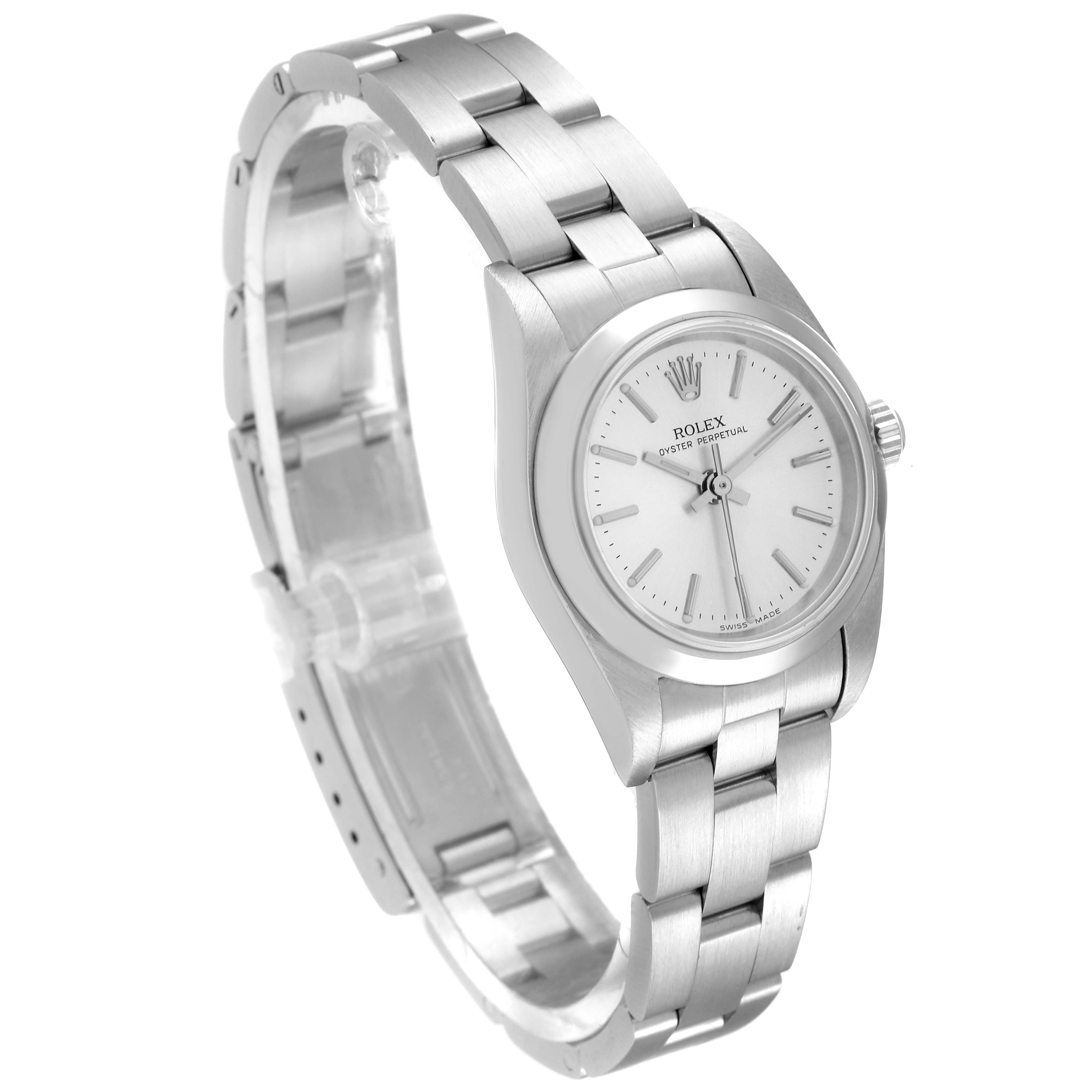 The image shows a Rolex Oyster Perpetual 76080 Women
s Stainless Steel Silver Dial 76080 Women
s Stainless Steel Silver Dial watch, displaying its face, bezel, crown, and bracelet at a three-quarter angle.