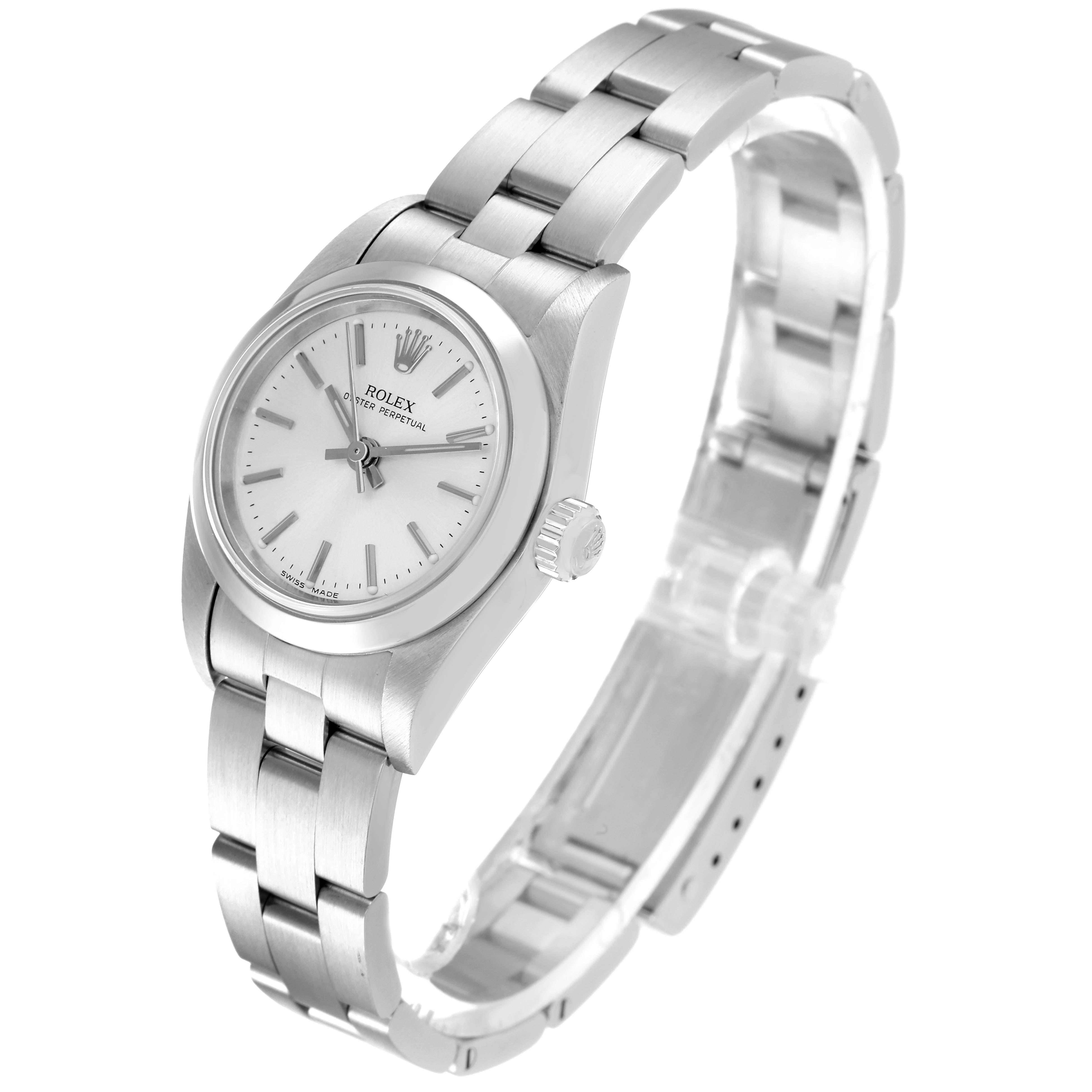 The Rolex Oyster Perpetual 76080 Women
s Stainless Steel Silver Dial 76080 Women
s Stainless Steel Silver Dial watch is shown from a 3/4 angle, displaying the face, case, crown, and bracelet.