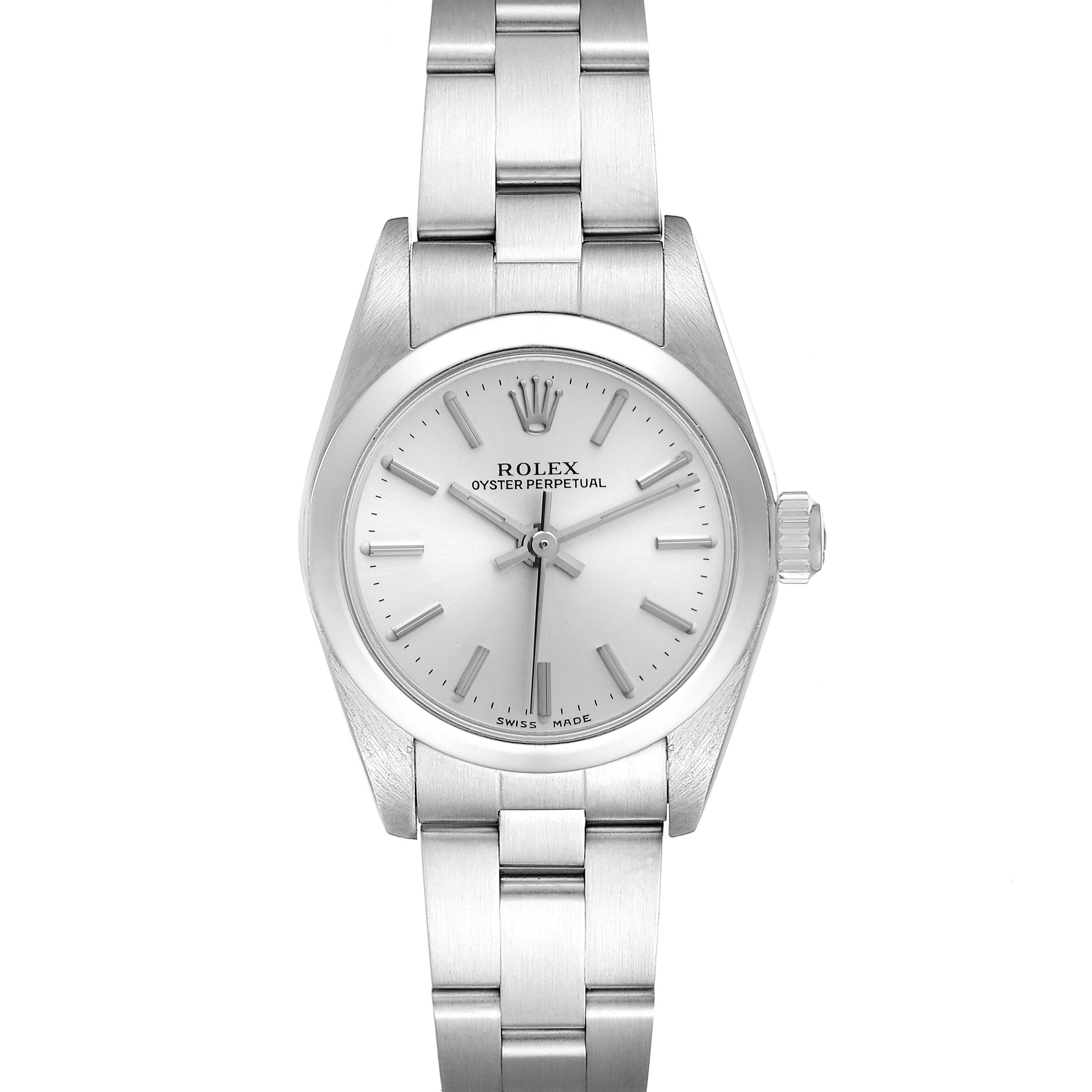 The Rolex Oyster Perpetual 76080 Women's Stainless Steel Silver Dial 76080 Women's Stainless Steel Silver Dial watch is shown from the front, displaying its face, bezel, crown, and metal bracelet.