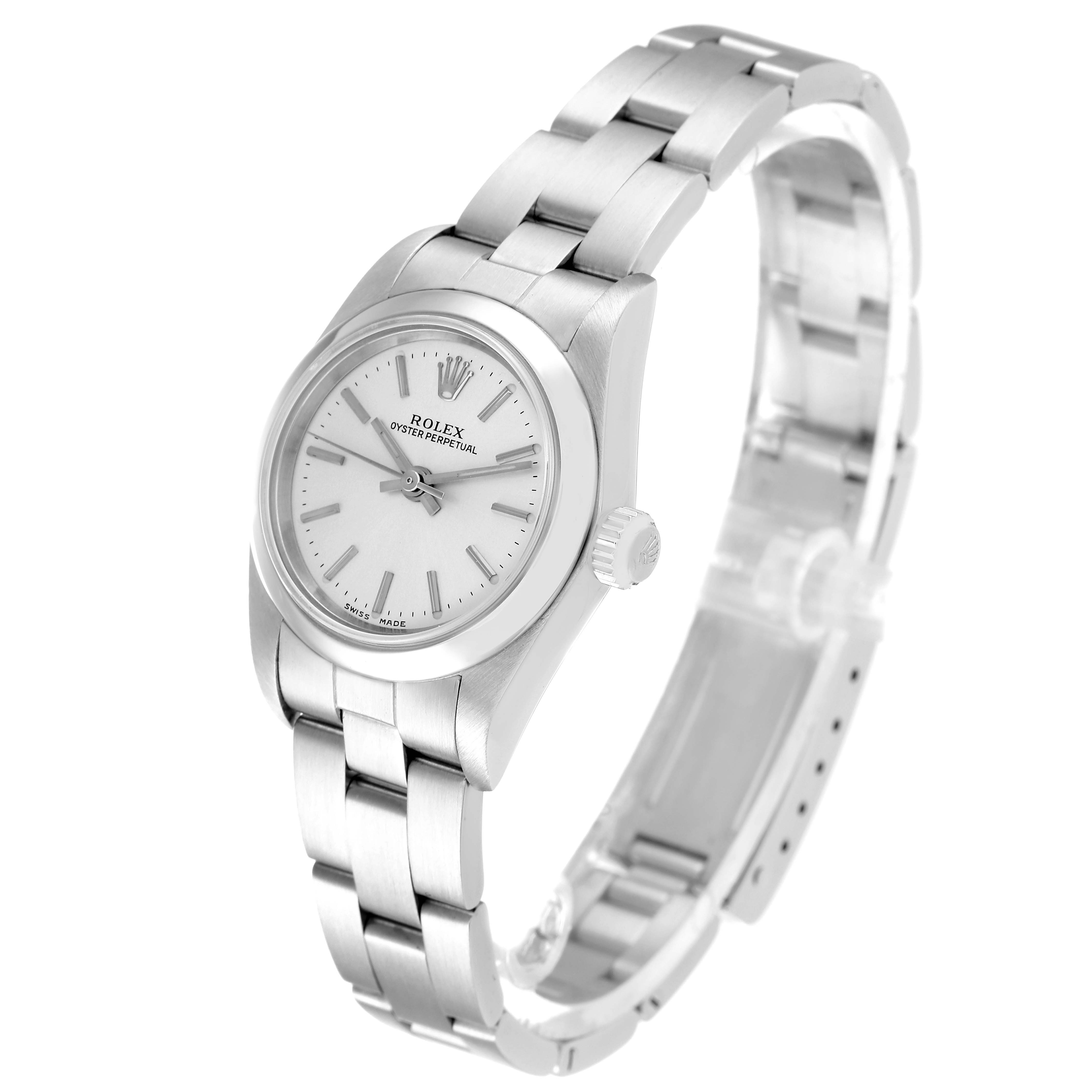 The image features a side view of the Rolex Oyster Perpetual 76080 Women's Stainless Steel Silver Dial 76080 Women's Stainless Steel Silver Dial watch, showcasing its bracelet, dial, crown, and case.