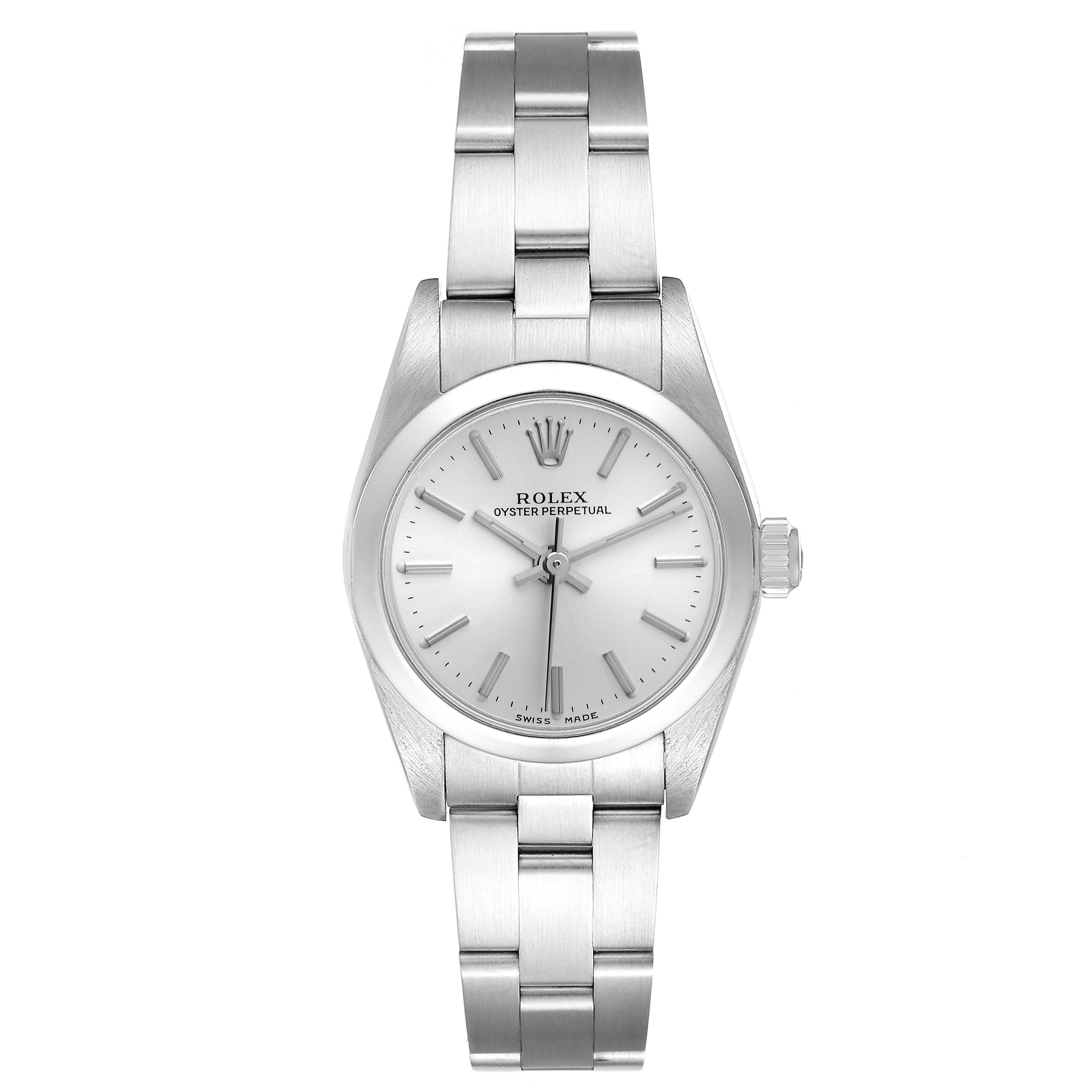 The Rolex Oyster Perpetual 76080 Women's Stainless Steel Silver Dial 76080 Women's Stainless Steel Silver Dial watch is shown from a top-down angle, displaying the face, bezel, bracelet, and crown.
