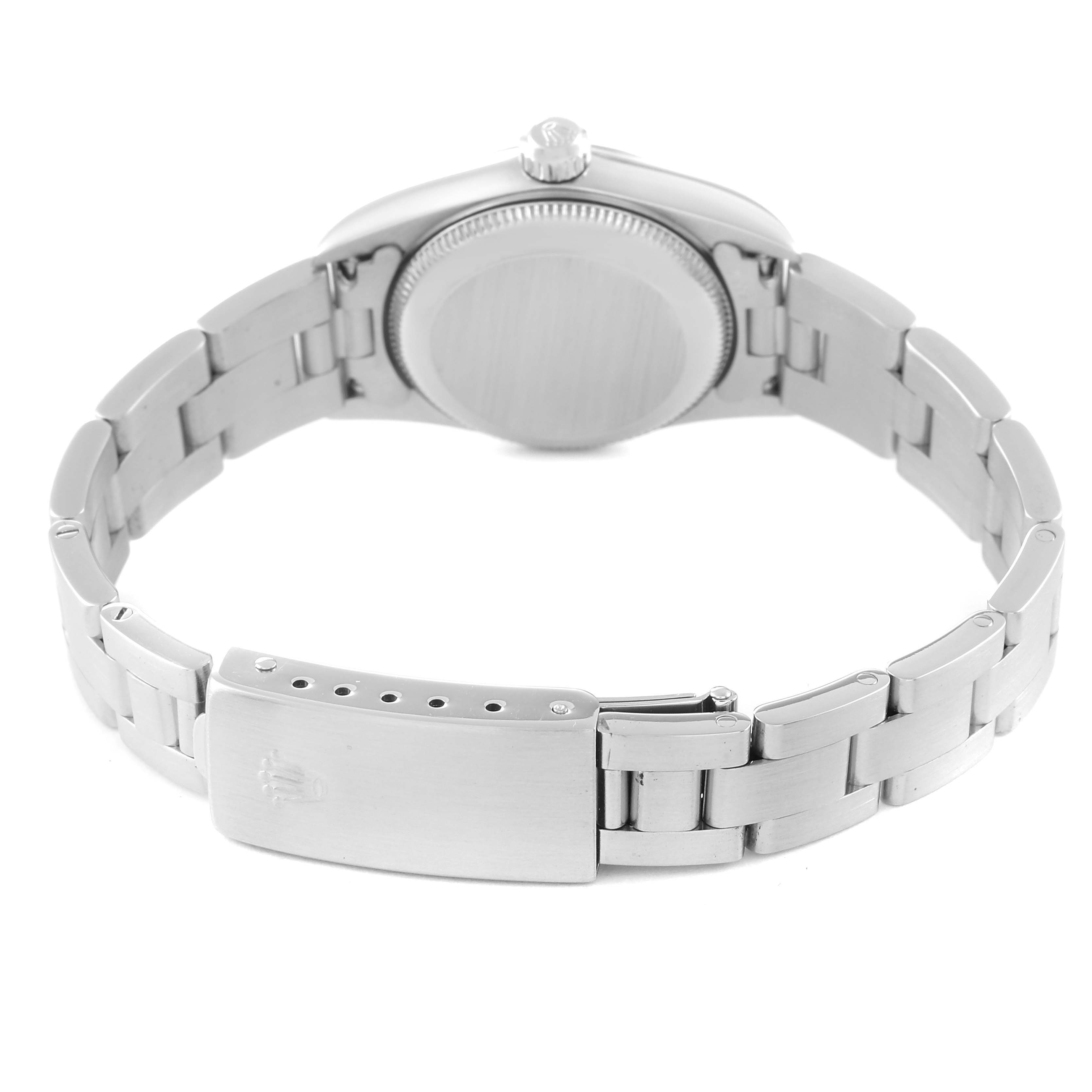 This image shows the back side of the Rolex Oyster Perpetual 76080 Women's Stainless Steel Silver Dial 76080 Women's Stainless Steel Silver Dial watch, focusing on the clasp and caseback.