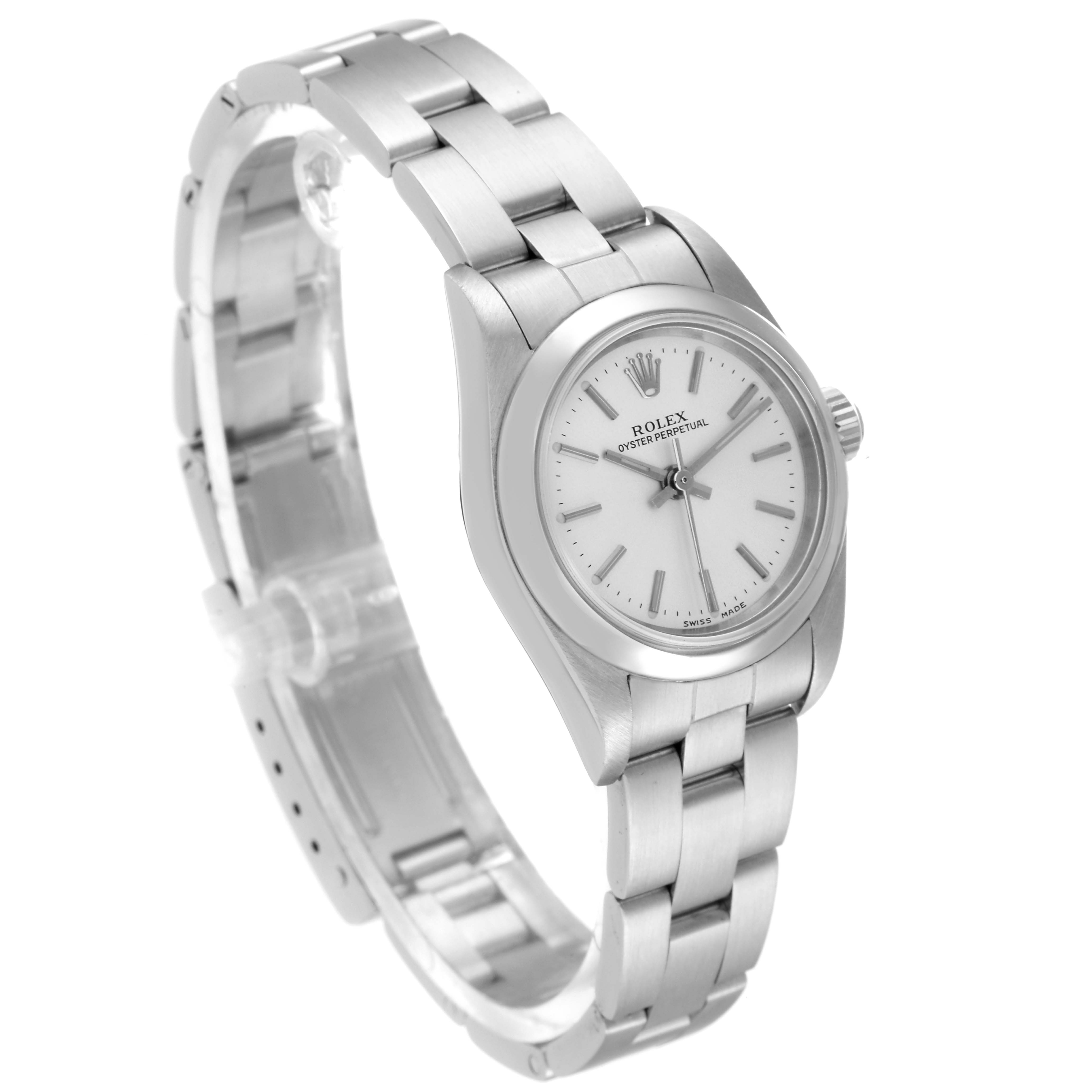The Rolex Oyster Perpetual 76080 Women's Stainless Steel Silver Dial 76080 Women's Stainless Steel Silver Dial watch is shown at a slight angle, displaying the dial, bracelet, and part of the clasp.