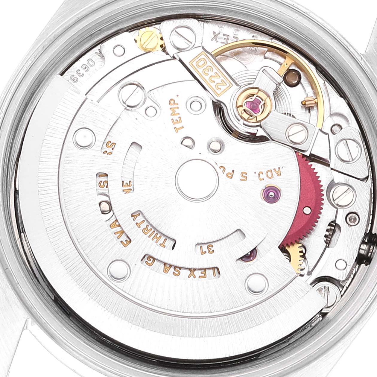 The image shows the inner mechanical movement of a Rolex Oyster Perpetual 76080 Women's Stainless Steel Silver Dial 76080 Women's Stainless Steel Silver Dial watch, viewed from the back.