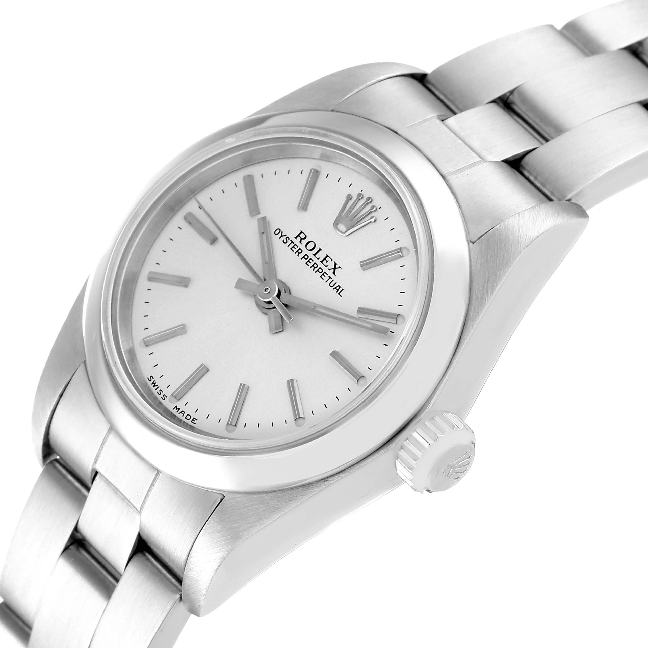 The image shows the face, bezel, case, and part of the bracelet of a Rolex Oyster Perpetual 76080 Women's Stainless Steel Silver Dial 76080 Women's Stainless Steel Silver Dial watch at a slight angle.