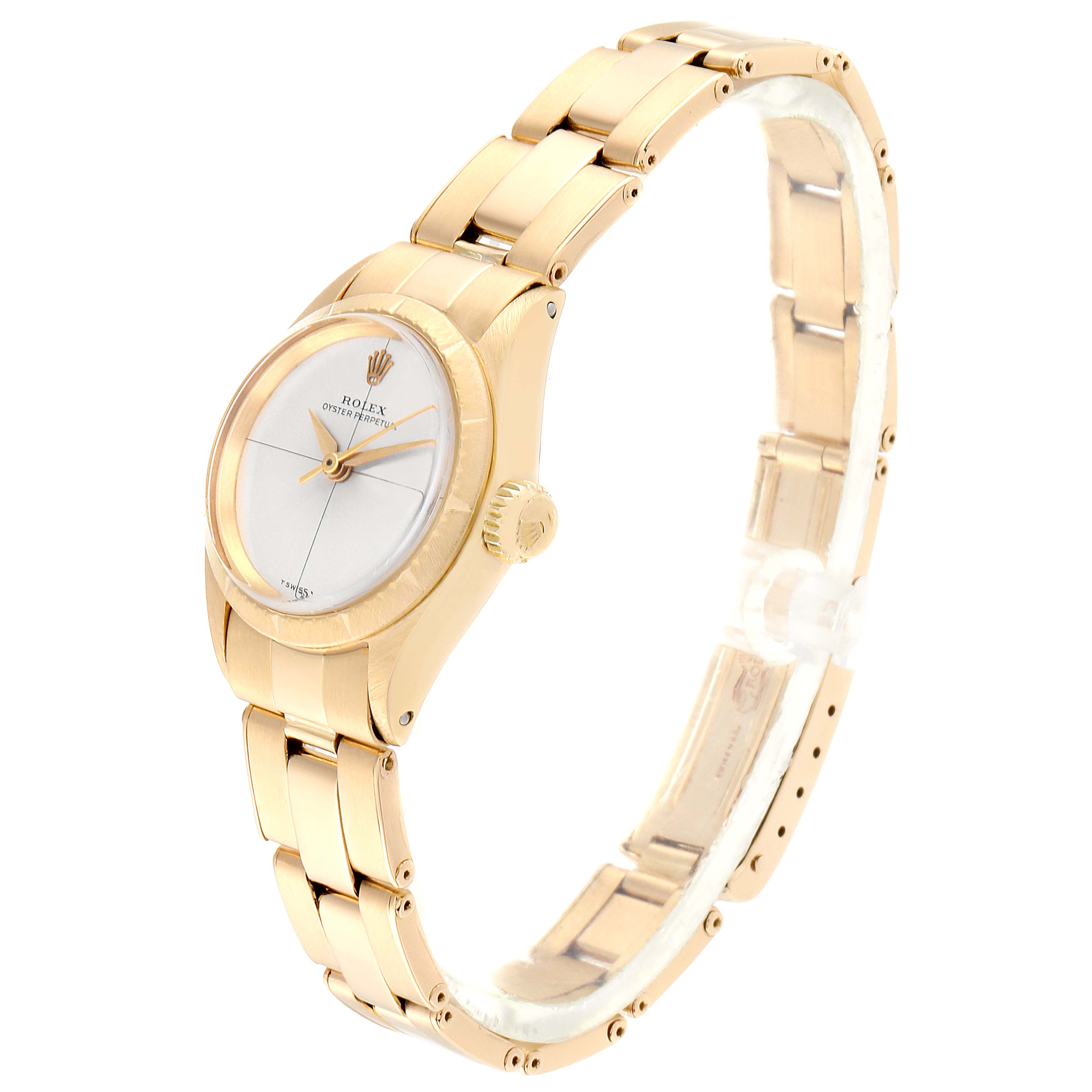 The image shows a side-angle view of a gold Rolex Oyster Perpetual 6615 Women
s Yellow Gold Silver Dial 6615 Women
s Yellow Gold Silver Dial watch, displaying its face, bezel, crown, and bracelet.